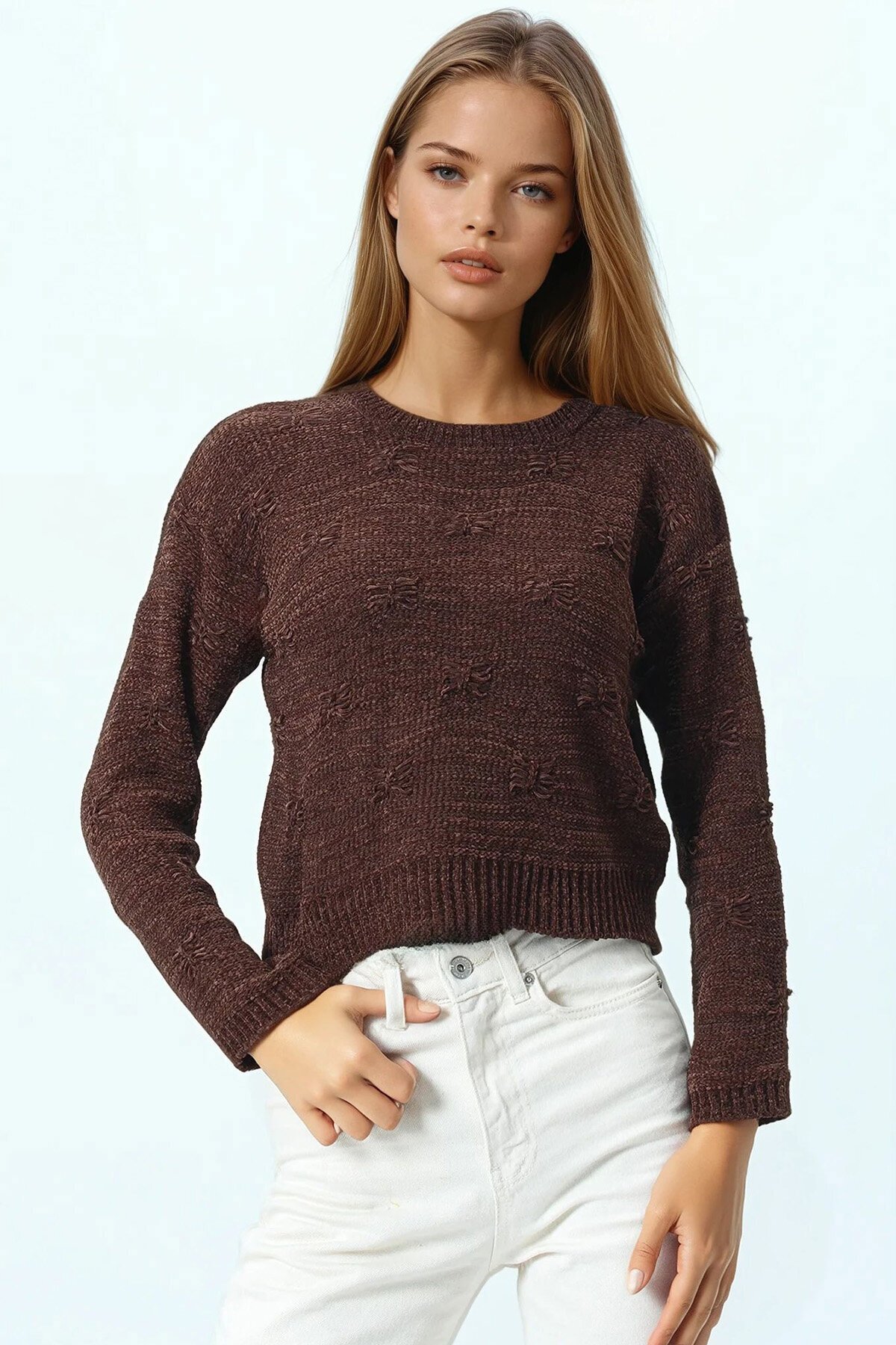 Kabartma Desenli Bisiklet Yaka Uzun Kollu Triko Kazak