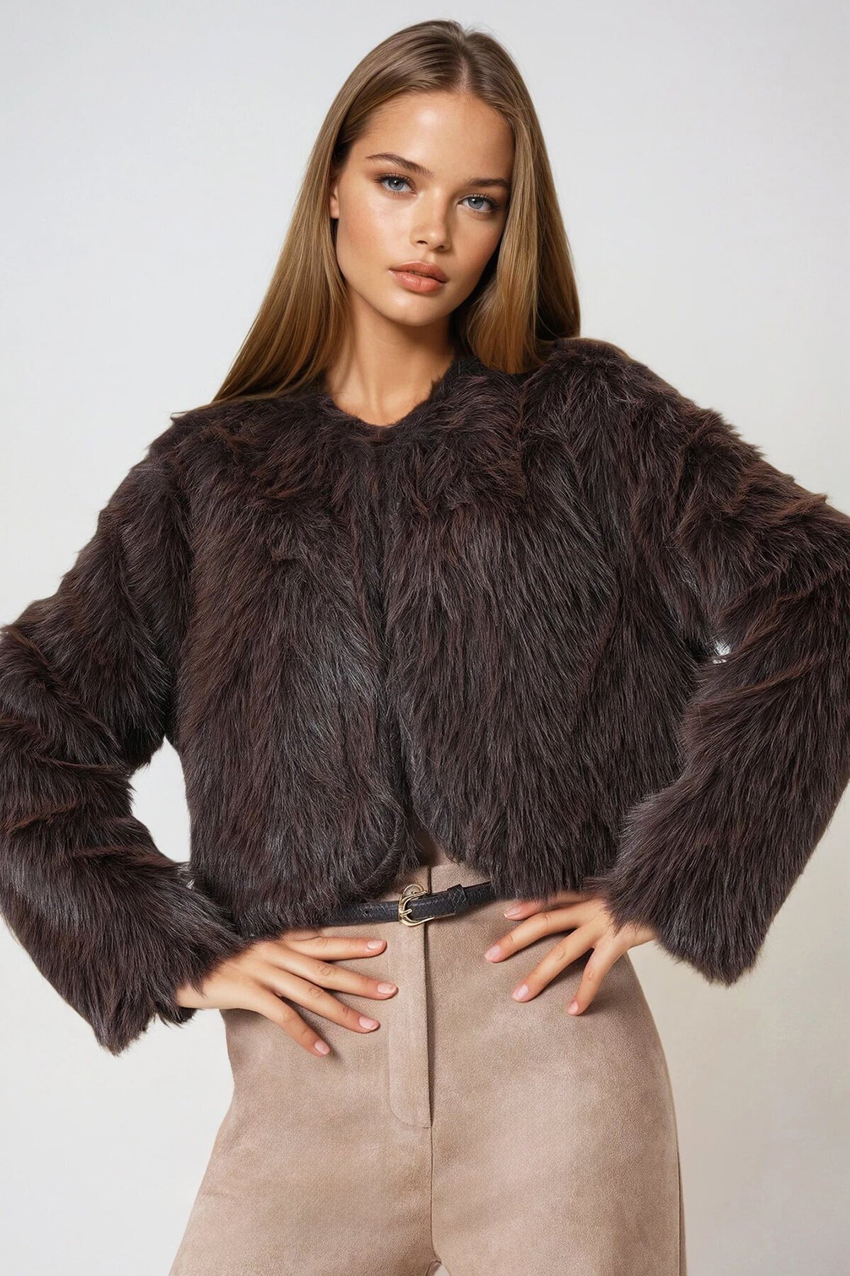 Kahverengi Agraflı Astarlı Püsküllü Crop Kürk Ceket