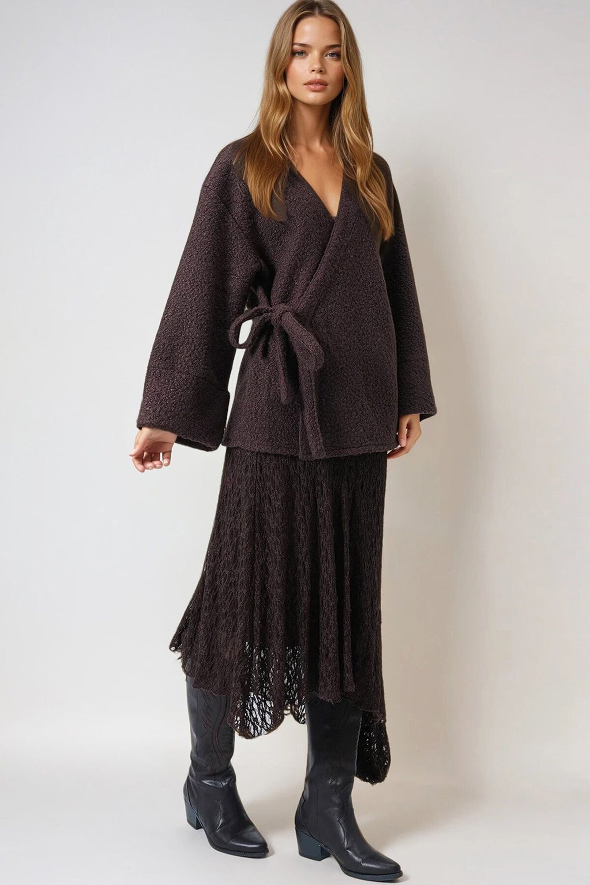 Kahverengi Kruvaze Yaka Yandan Bağlamalı Premium Ceket