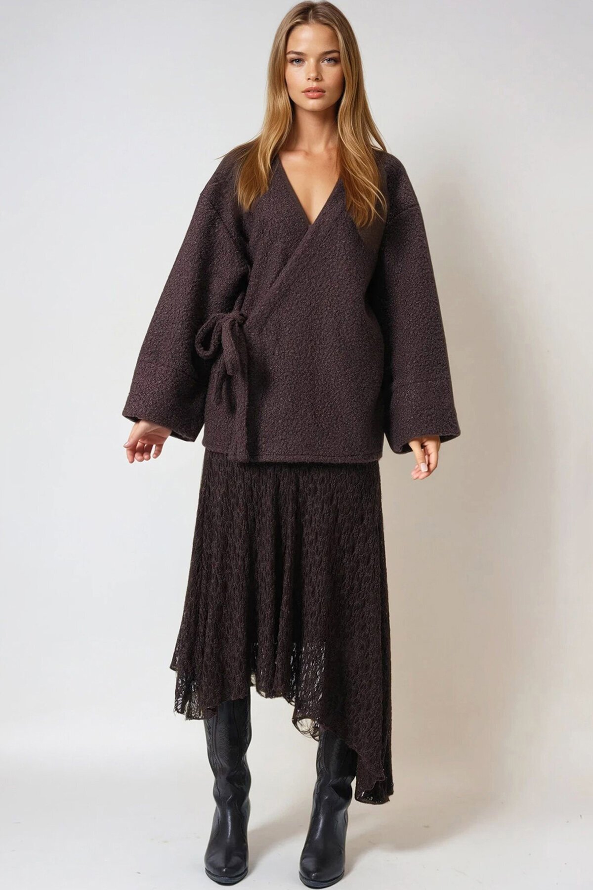 Kahverengi Kruvaze Yaka Yandan Bağlamalı Premium Ceket