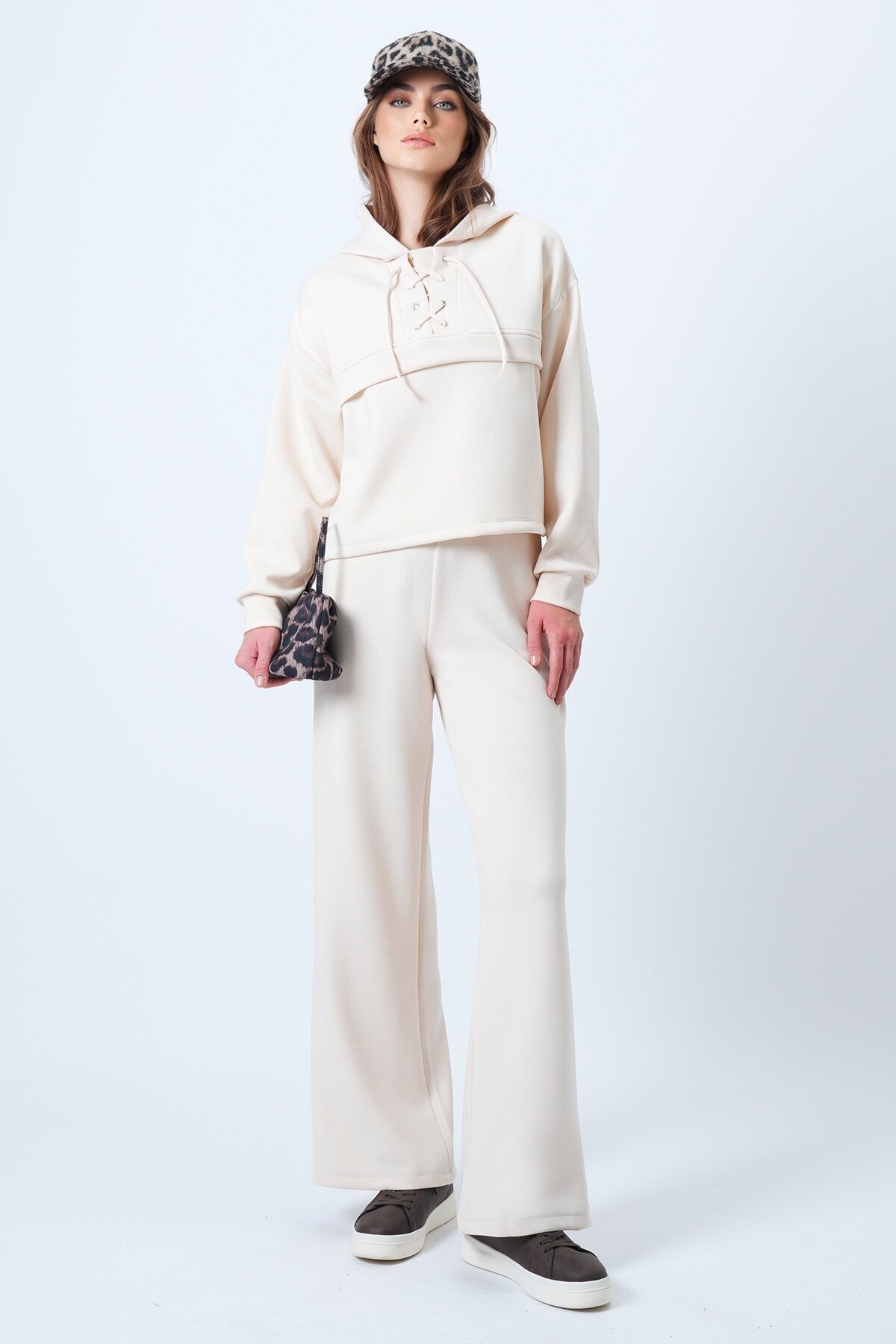 Kapüşonlu Kuş Gözlü Sweat Ve Palazo Pantolon Modal Takım