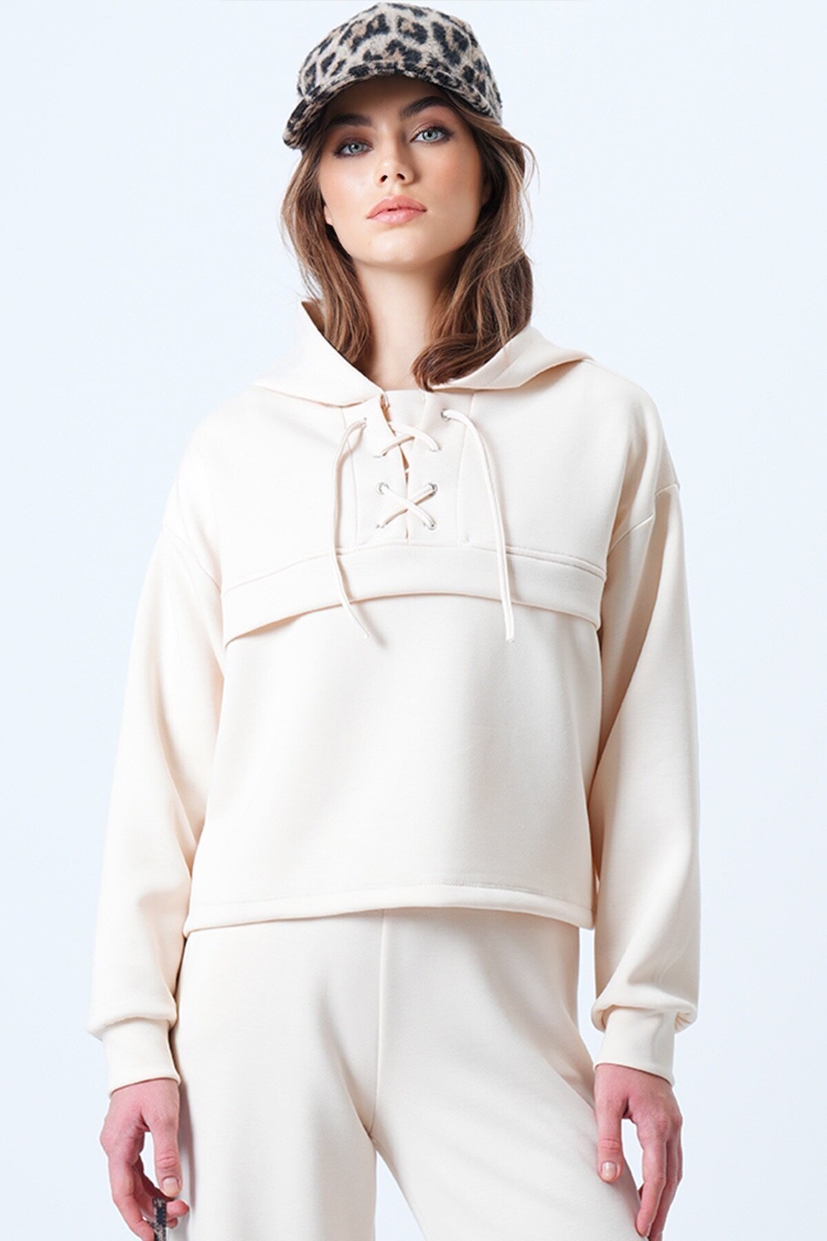 Kapüşonlu Kuş Gözlü Sweat Ve Palazo Pantolon Modal Takım