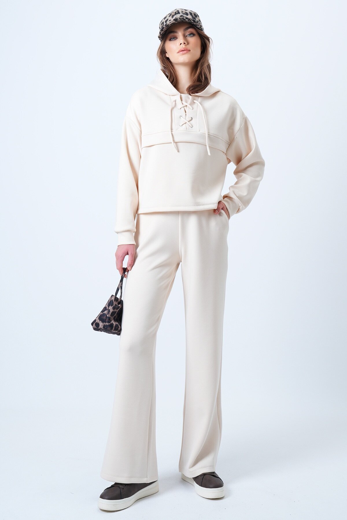 Kapüşonlu Kuş Gözlü Sweat Ve Palazo Pantolon Modal Takım