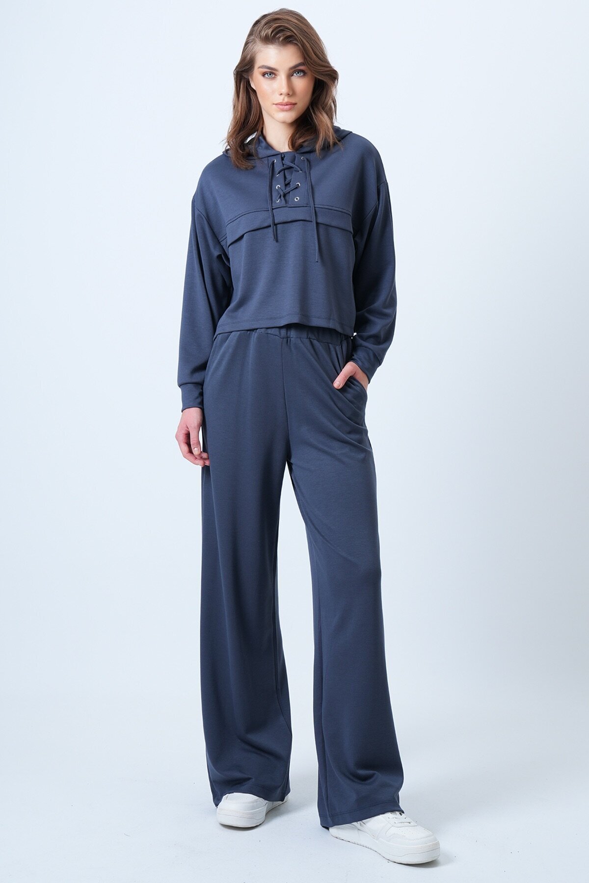 Kapüşonlu Kuş Gözlü Sweat Ve Palazo Pantolon Modal Takım