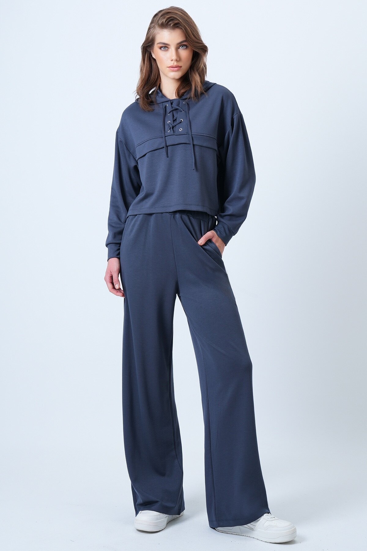 Kapüşonlu Kuş Gözlü Sweat Ve Palazo Pantolon Modal Takım