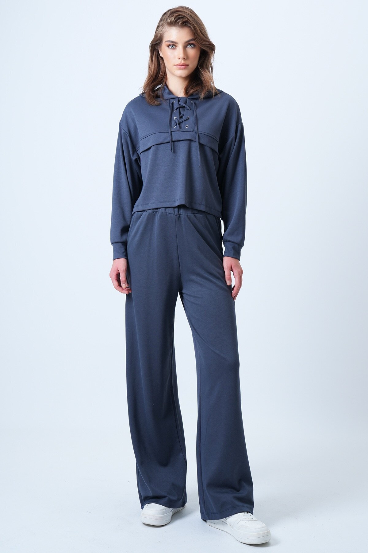 Kapüşonlu Kuş Gözlü Sweat Ve Palazo Pantolon Modal Takım