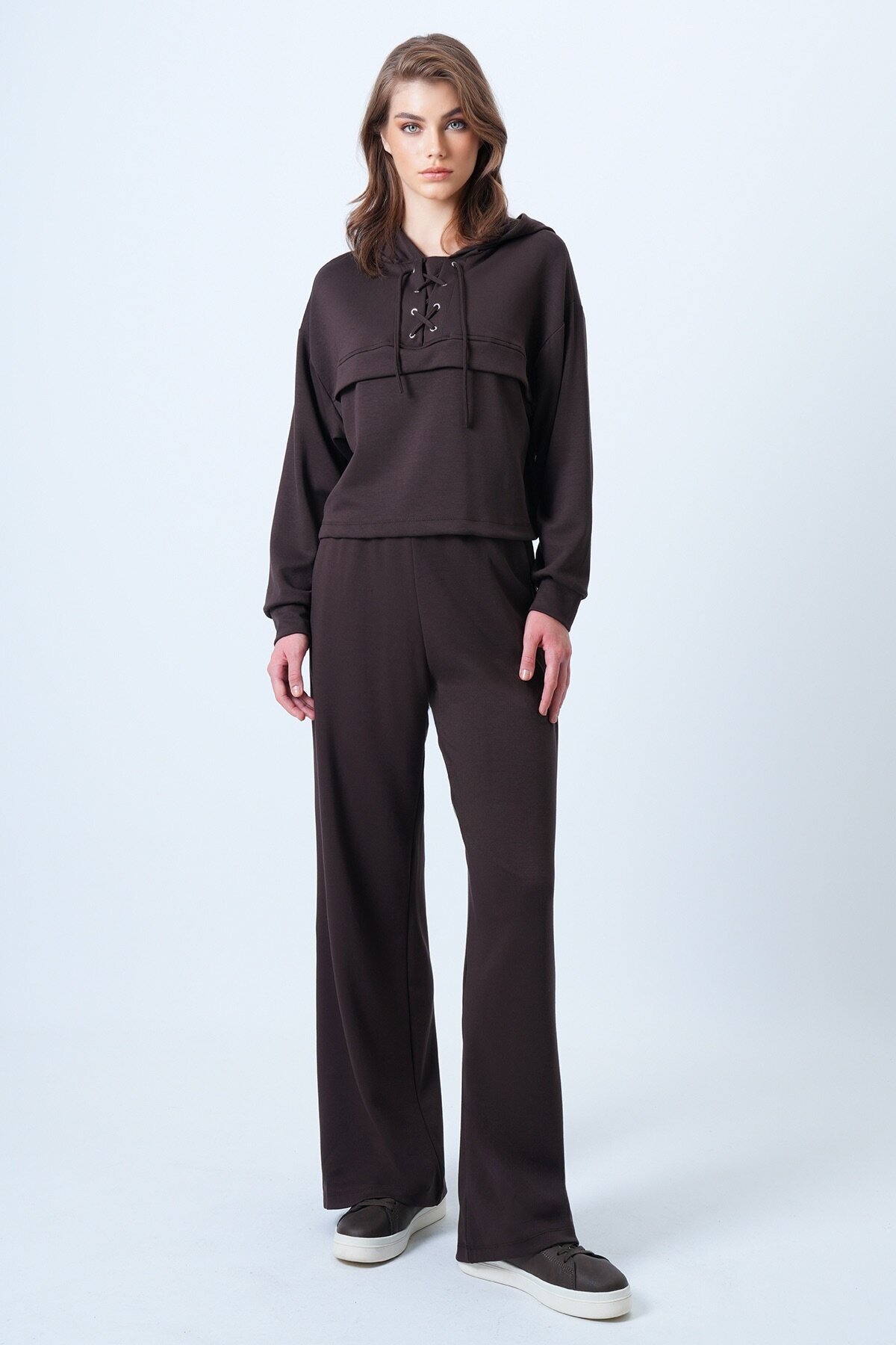 Kapüşonlu Kuş Gözlü Sweat Ve Palazo Pantolon Modal Takım
