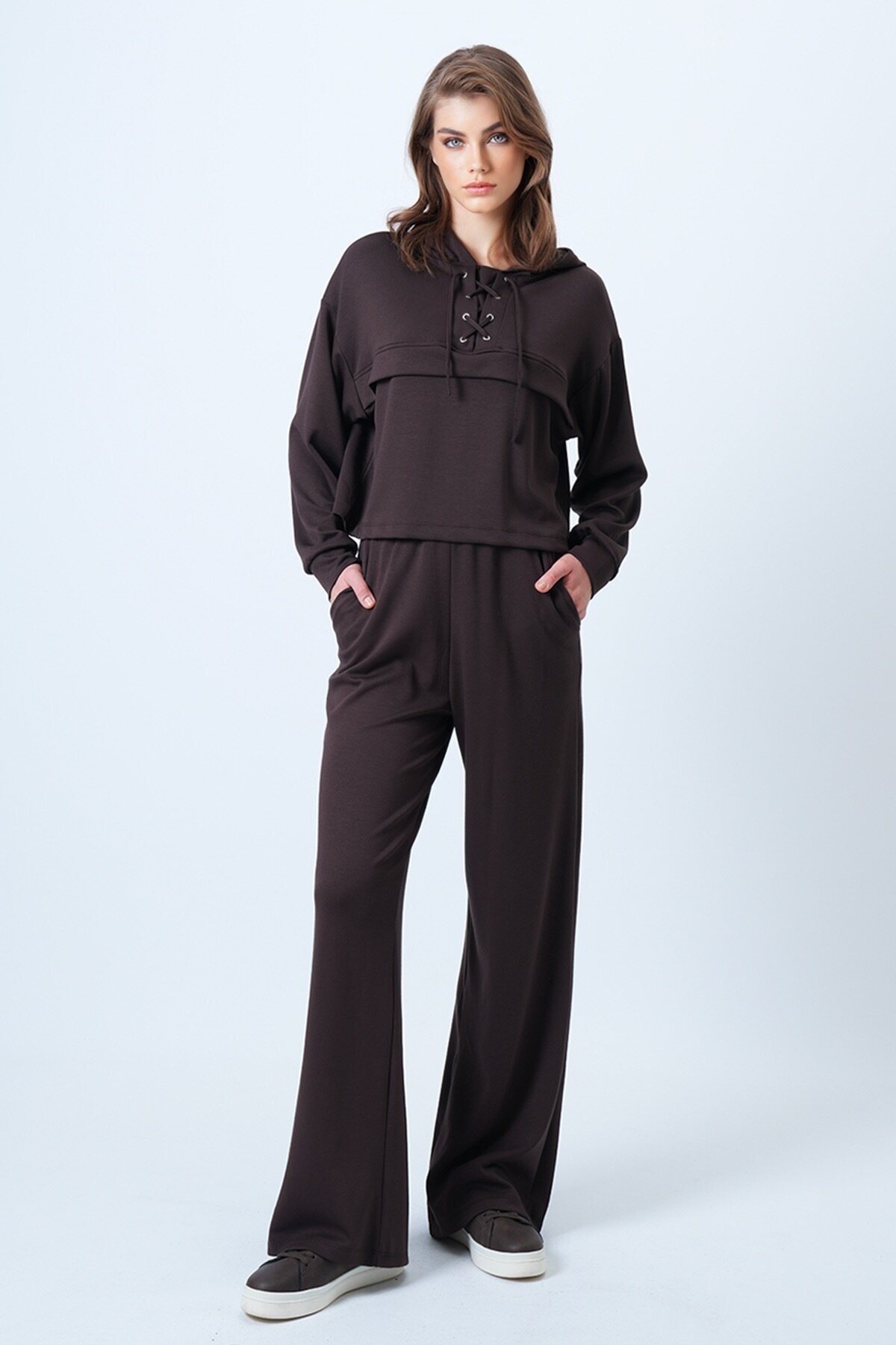 Kapüşonlu Kuş Gözlü Sweat Ve Palazo Pantolon Modal Takım