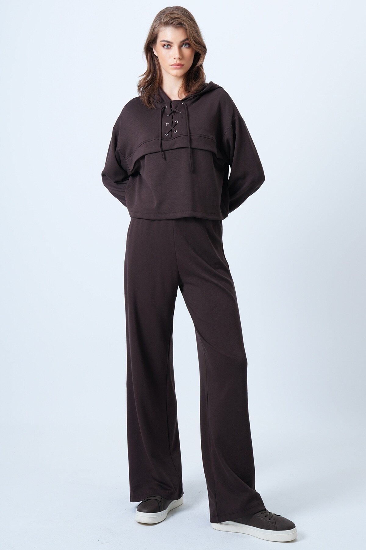 Kapüşonlu Kuş Gözlü Sweat Ve Palazo Pantolon Modal Takım