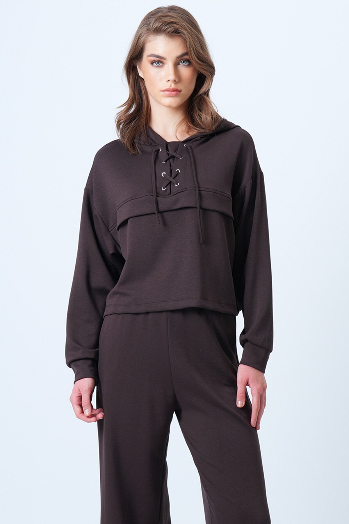 Kapüşonlu Kuş Gözlü Sweat Ve Palazo Pantolon Modal Takım