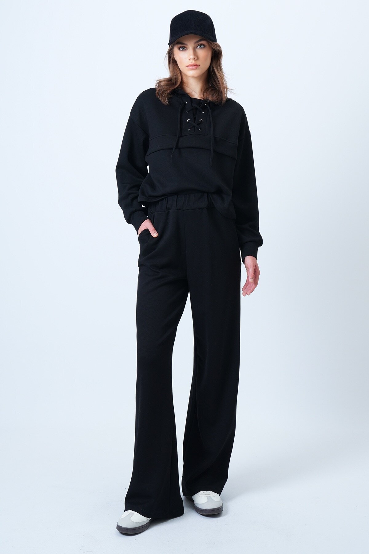 Kapüşonlu Kuş Gözlü Sweat Ve Palazo Pantolon Modal Takım