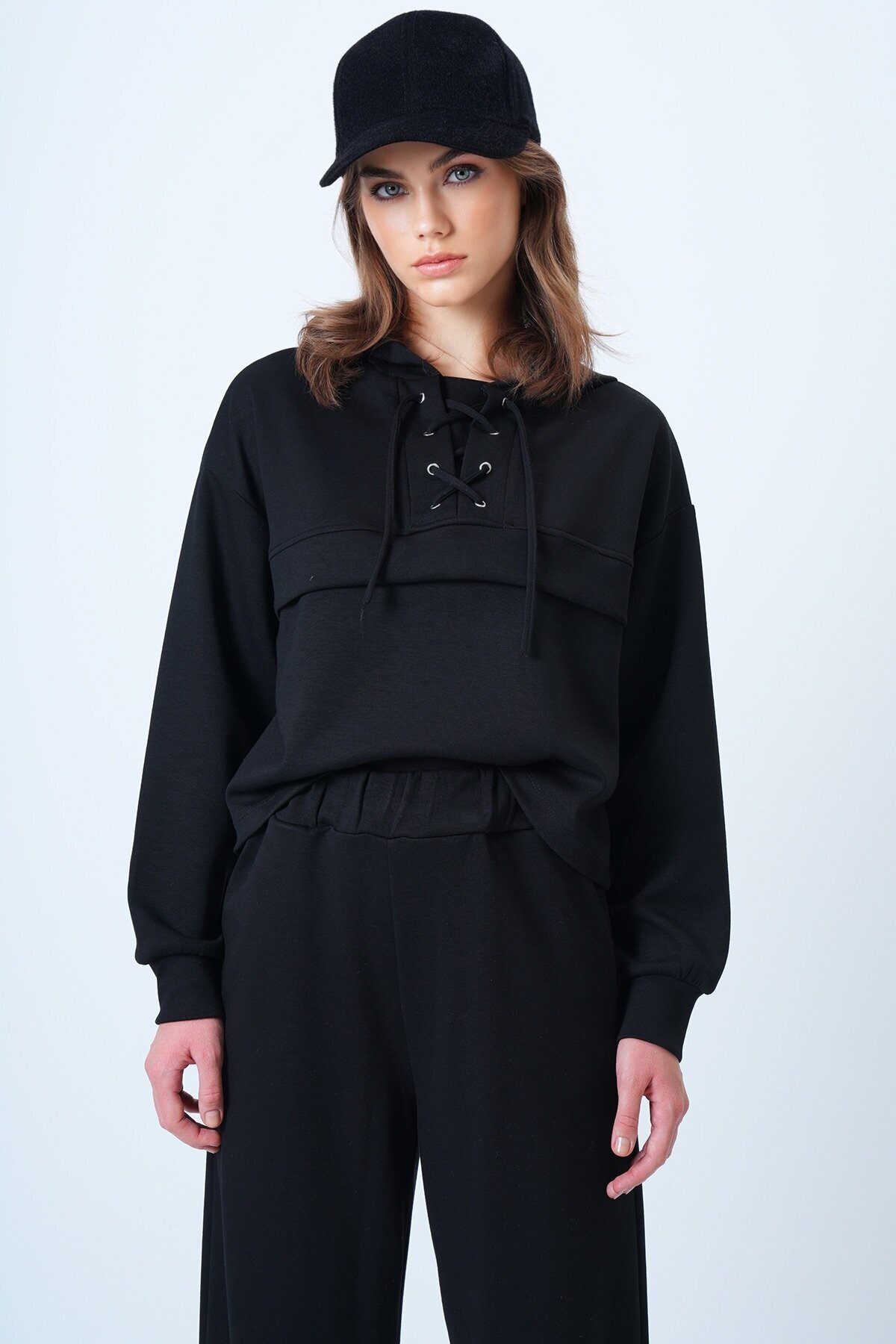 Kapüşonlu Kuş Gözlü Sweat Ve Palazo Pantolon Modal Takım