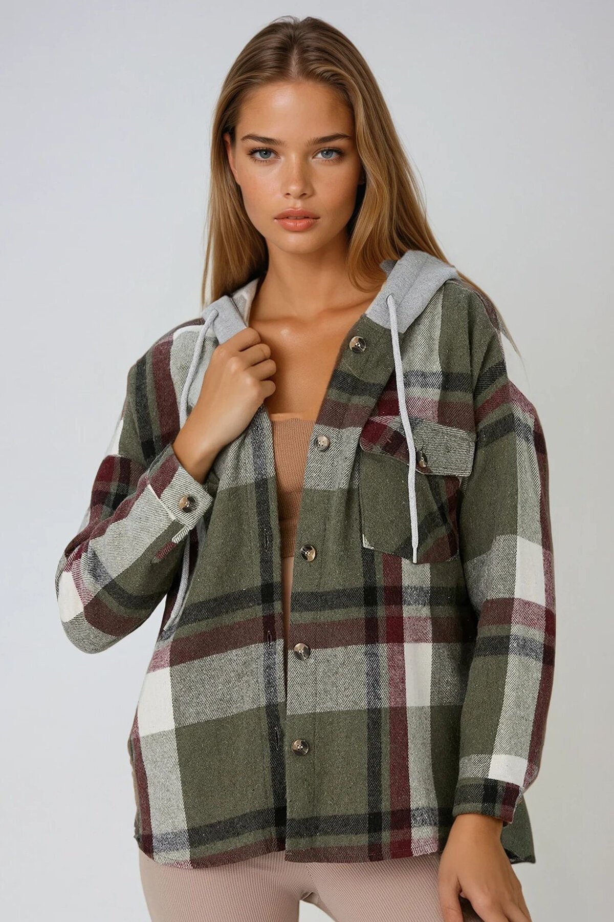 Haki Kapüşonlu Oversize Cepli Düğmeli Ekose Gömlek Ceket