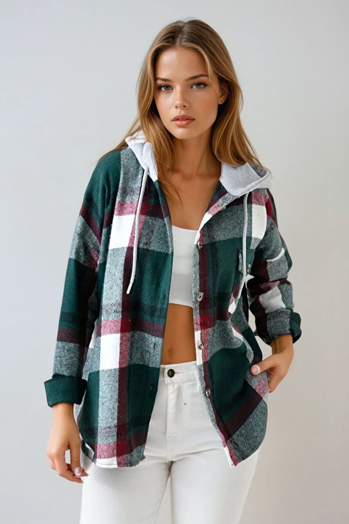 Zümrüt Yeşili Kapüşonlu Oversize Cepli Düğmeli Ekose Gömlek Ceket
