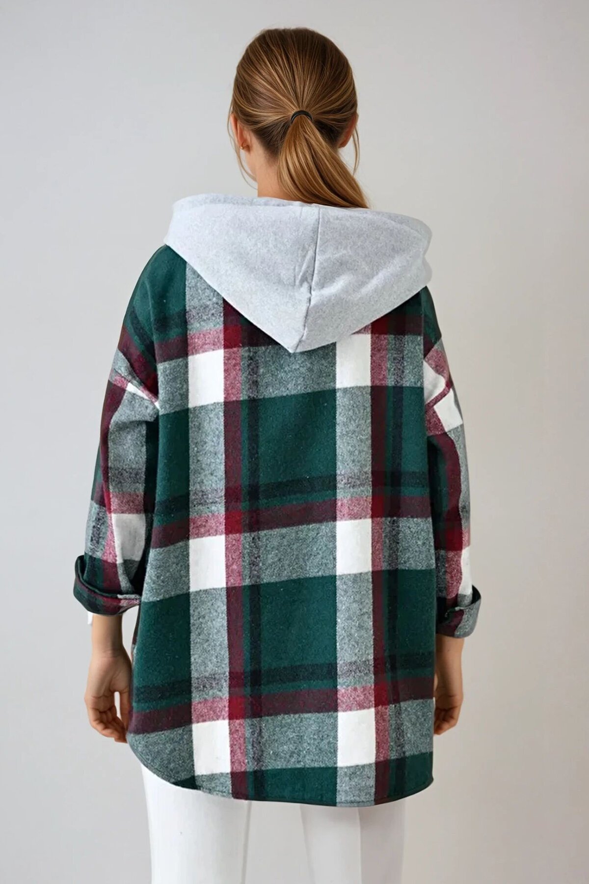 Zümrüt Yeşili Kapüşonlu Oversize Cepli Düğmeli Ekose Gömlek Ceket