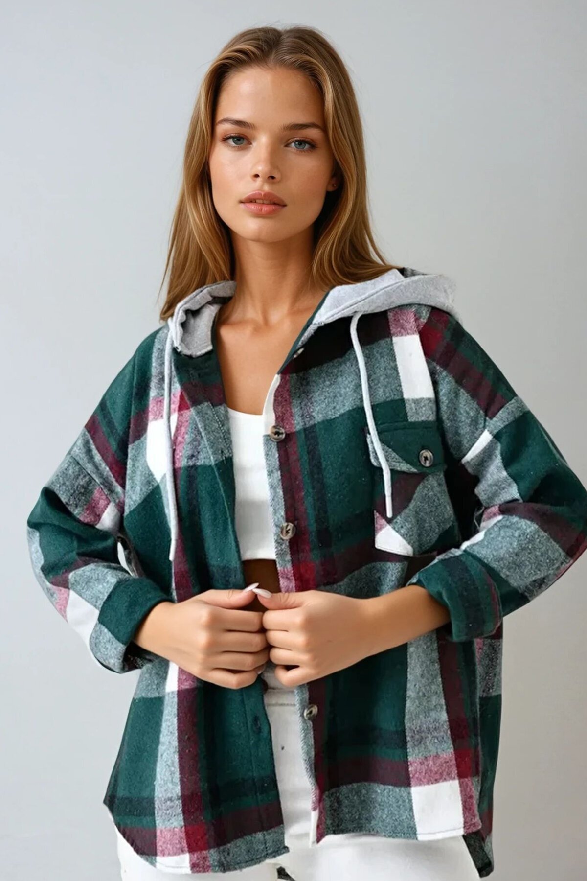 Zümrüt Yeşili Kapüşonlu Oversize Cepli Düğmeli Ekose Gömlek Ceket