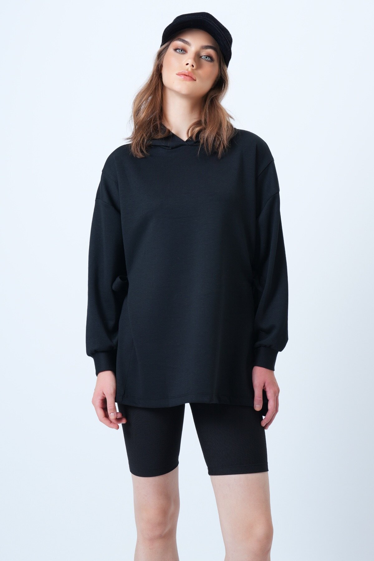 Kapüsonlu Yandan Bağlamalı Modal Oversize Sweatshirt