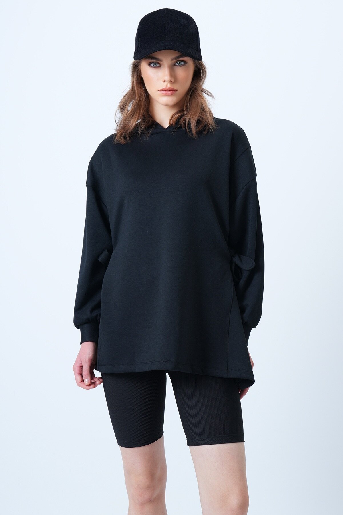 Kapüsonlu Yandan Bağlamalı Modal Oversize Sweatshirt