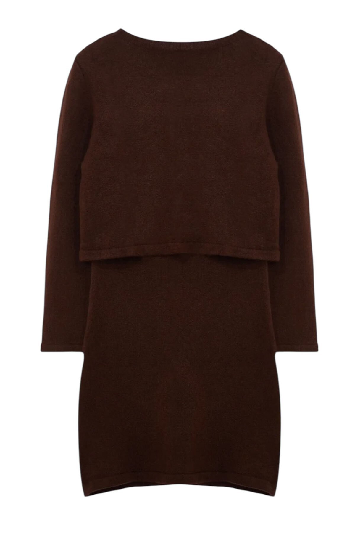 Acı Kahve Kare Yaka Kısa Kollu Vücudu Saran Mini Elbise Ve Düğmeli Crop Hırka Takım