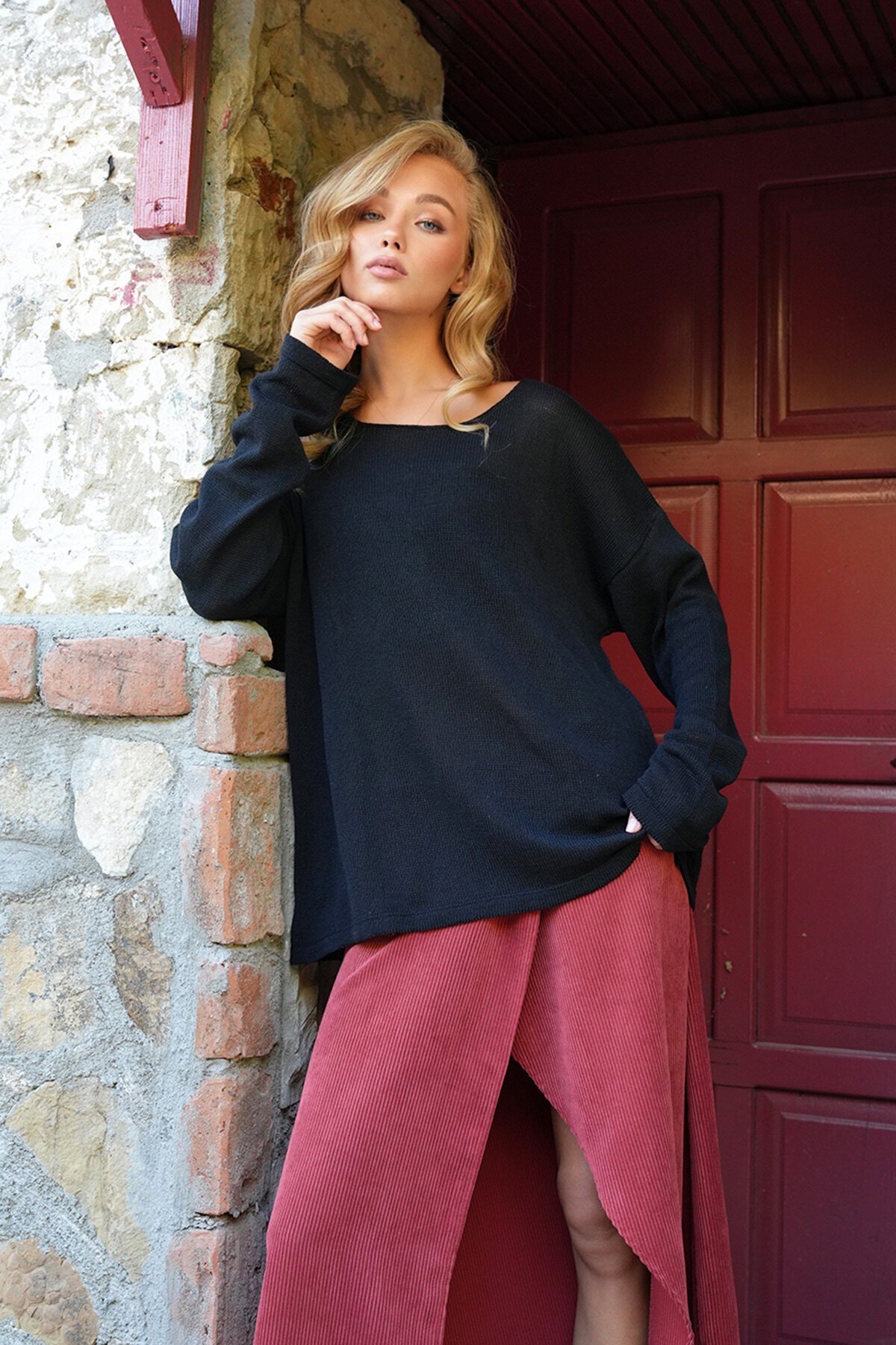 Kayık Yaka İnce Örme Kazak