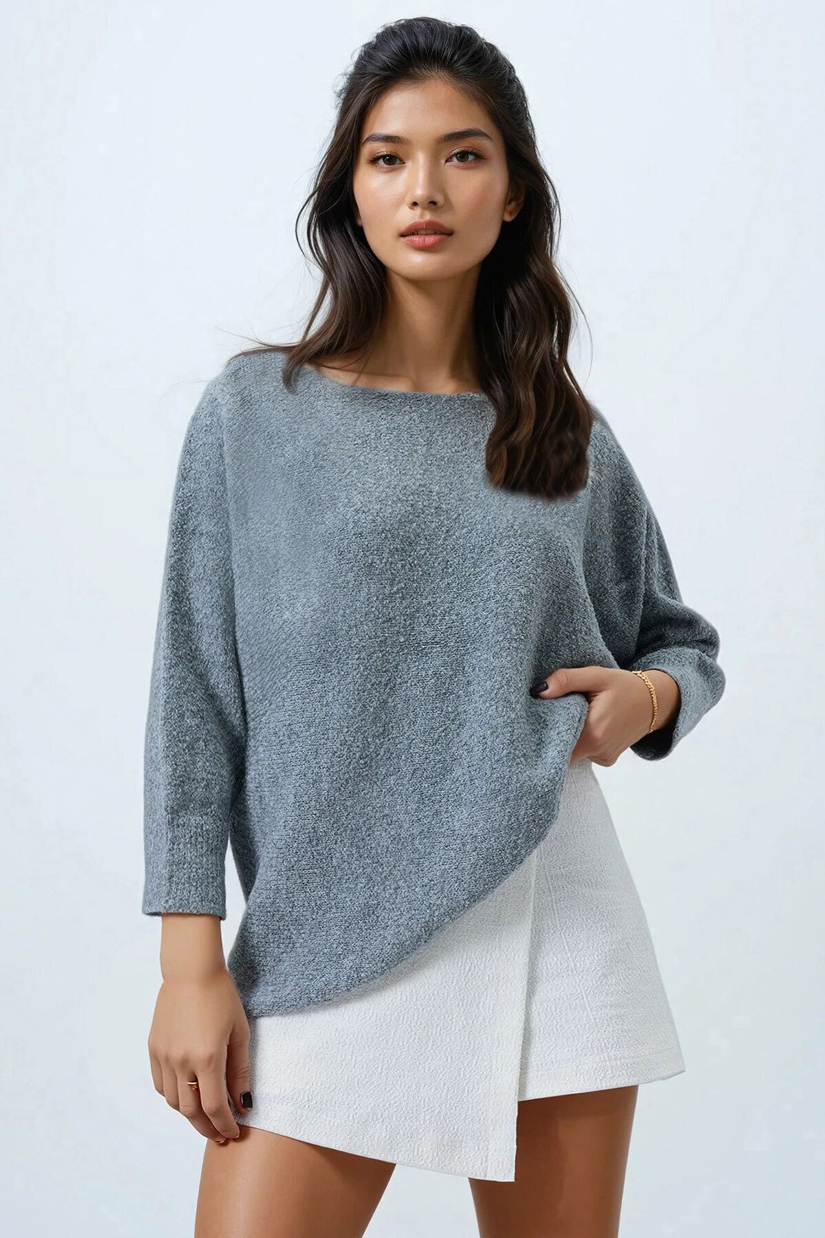 Kayık Yaka Yarasa Kol Buklet Triko Kazak