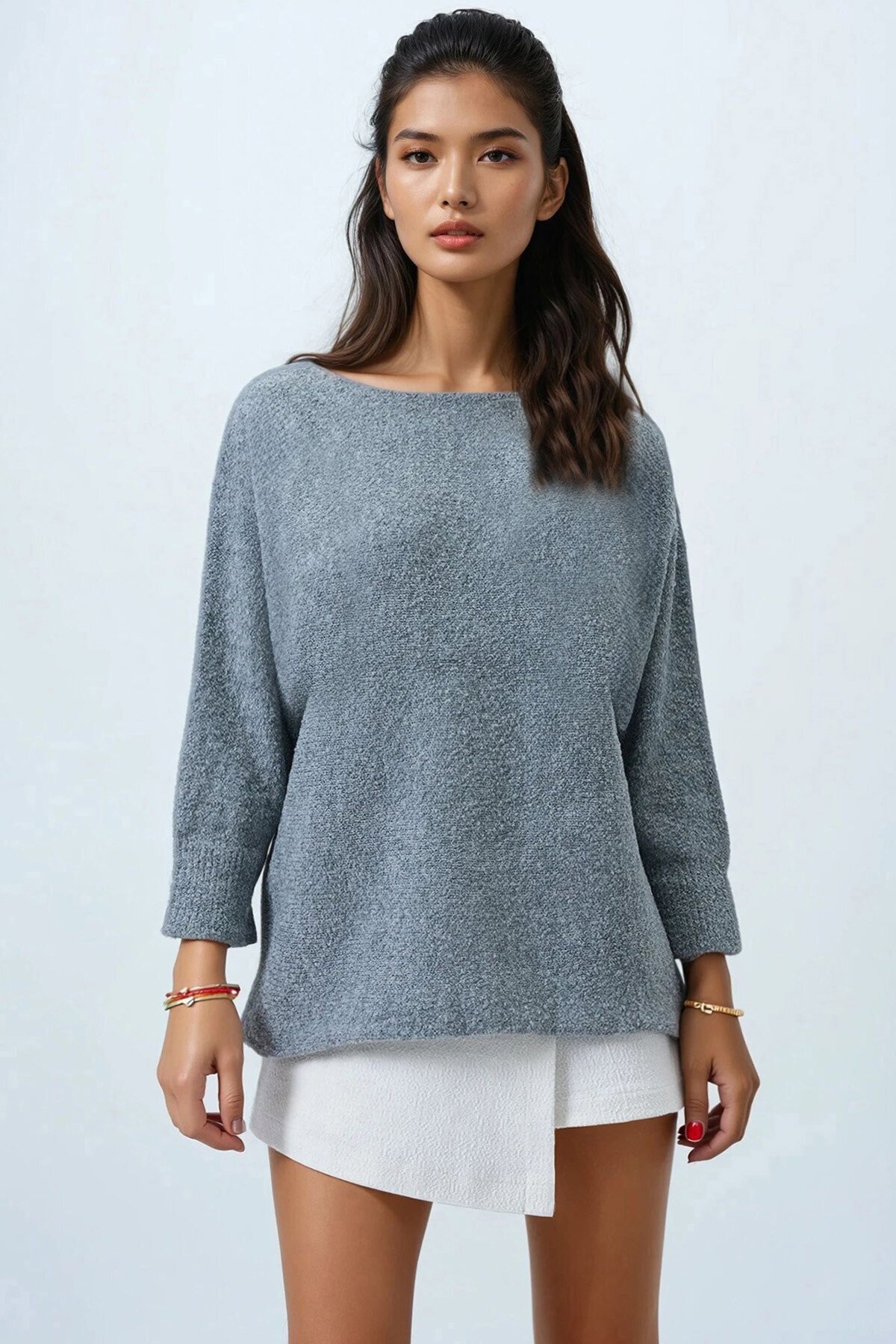 Kayık Yaka Yarasa Kol Buklet Triko Kazak