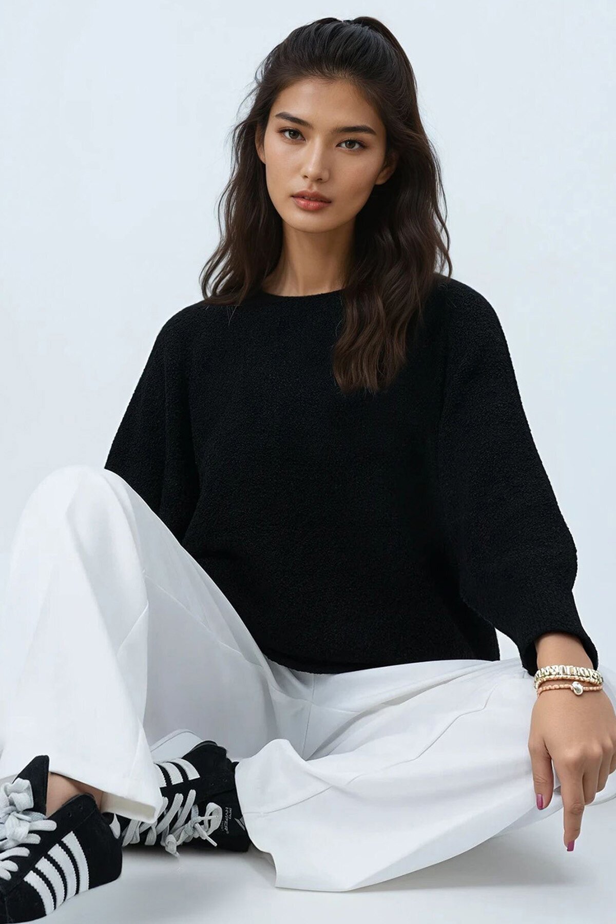 Kayık Yaka Yarasa Kol Buklet Triko Kazak