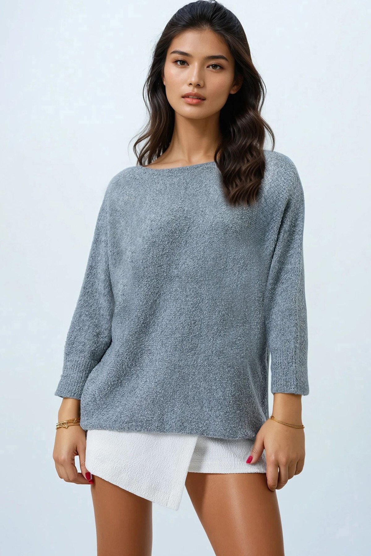 Kayık Yaka Yarasa Kol Buklet Triko Kazak