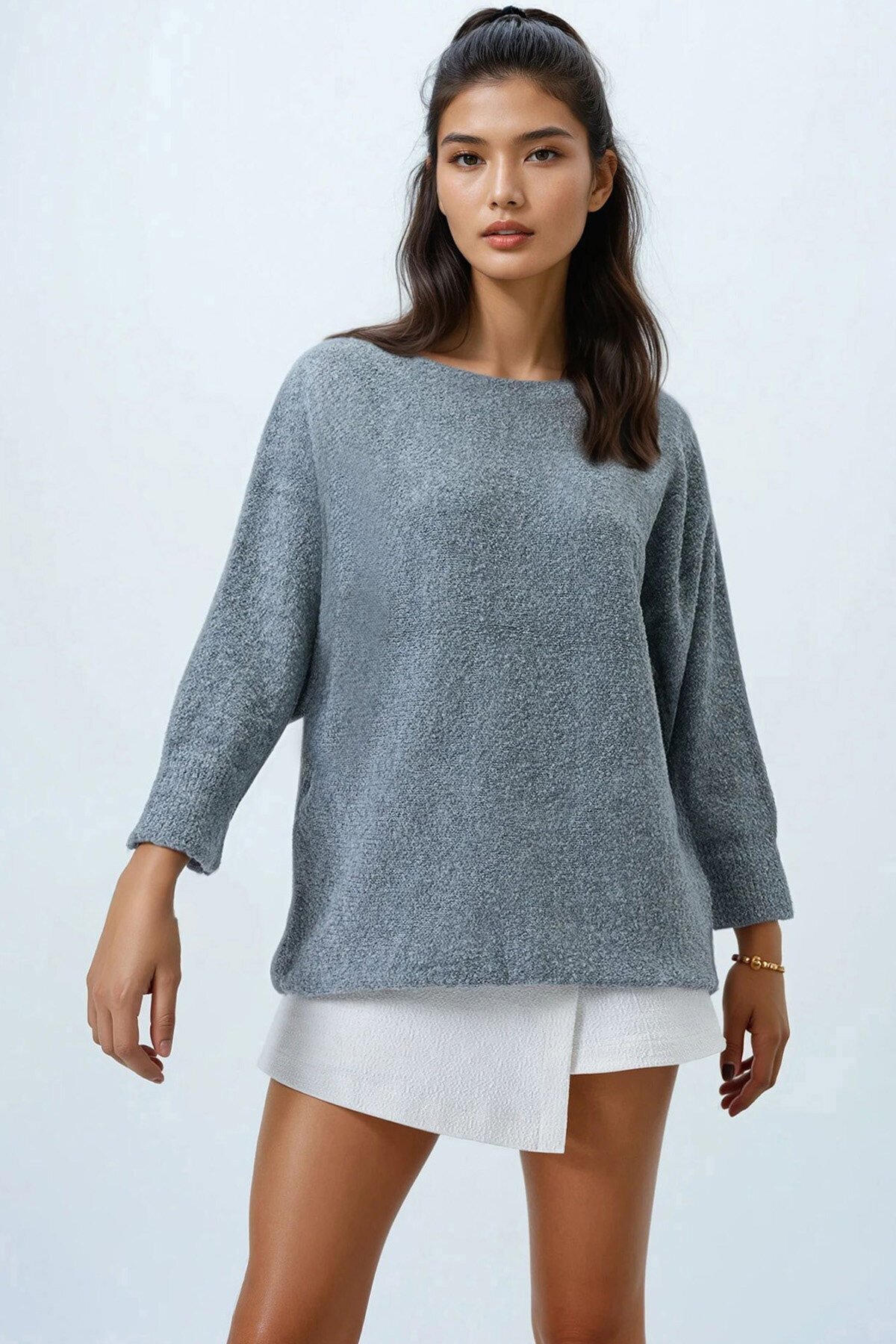 Kayık Yaka Yarasa Kol Buklet Triko Kazak