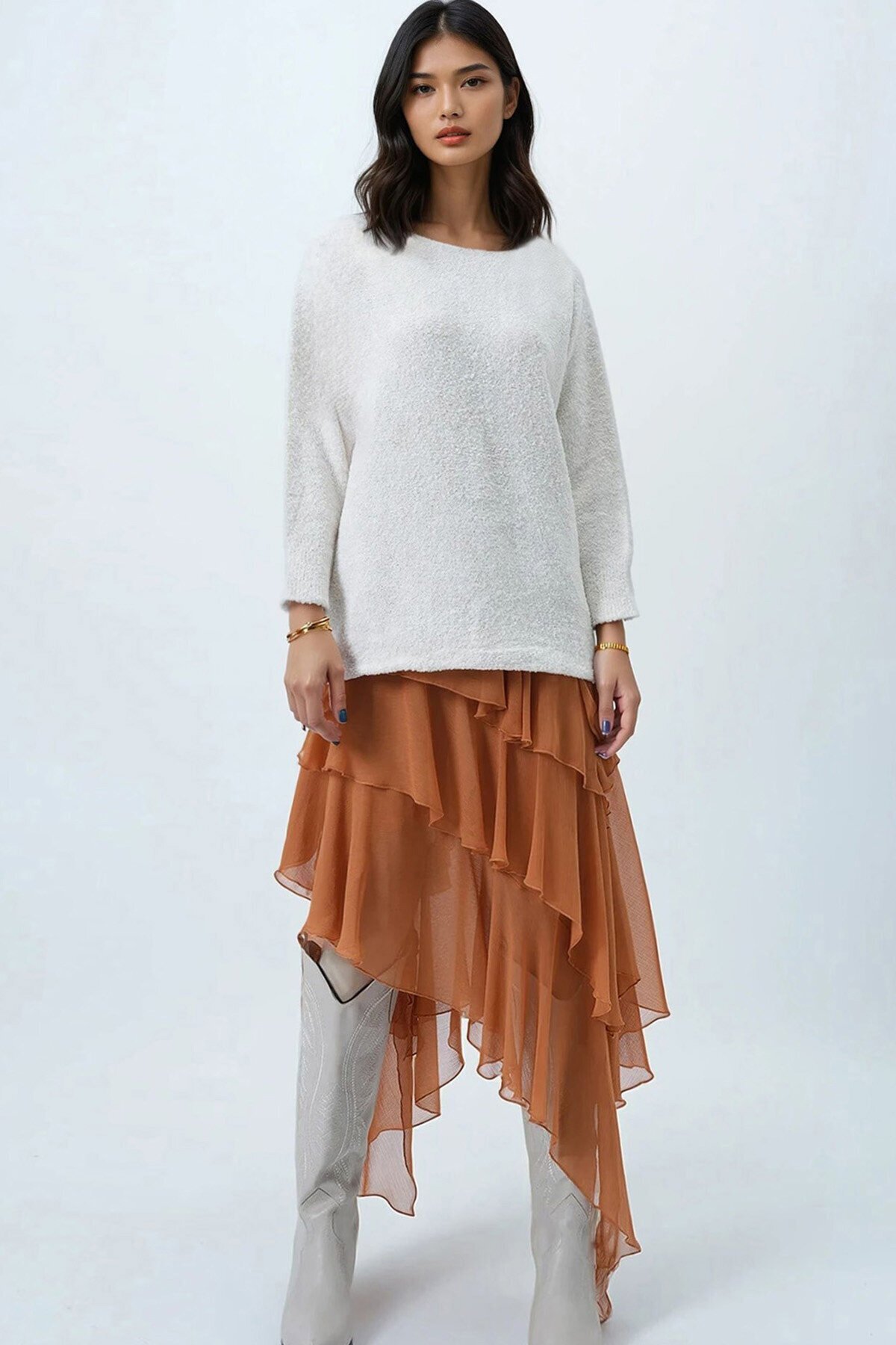 Kayık Yaka Yarasa Kol Buklet Triko Kazak