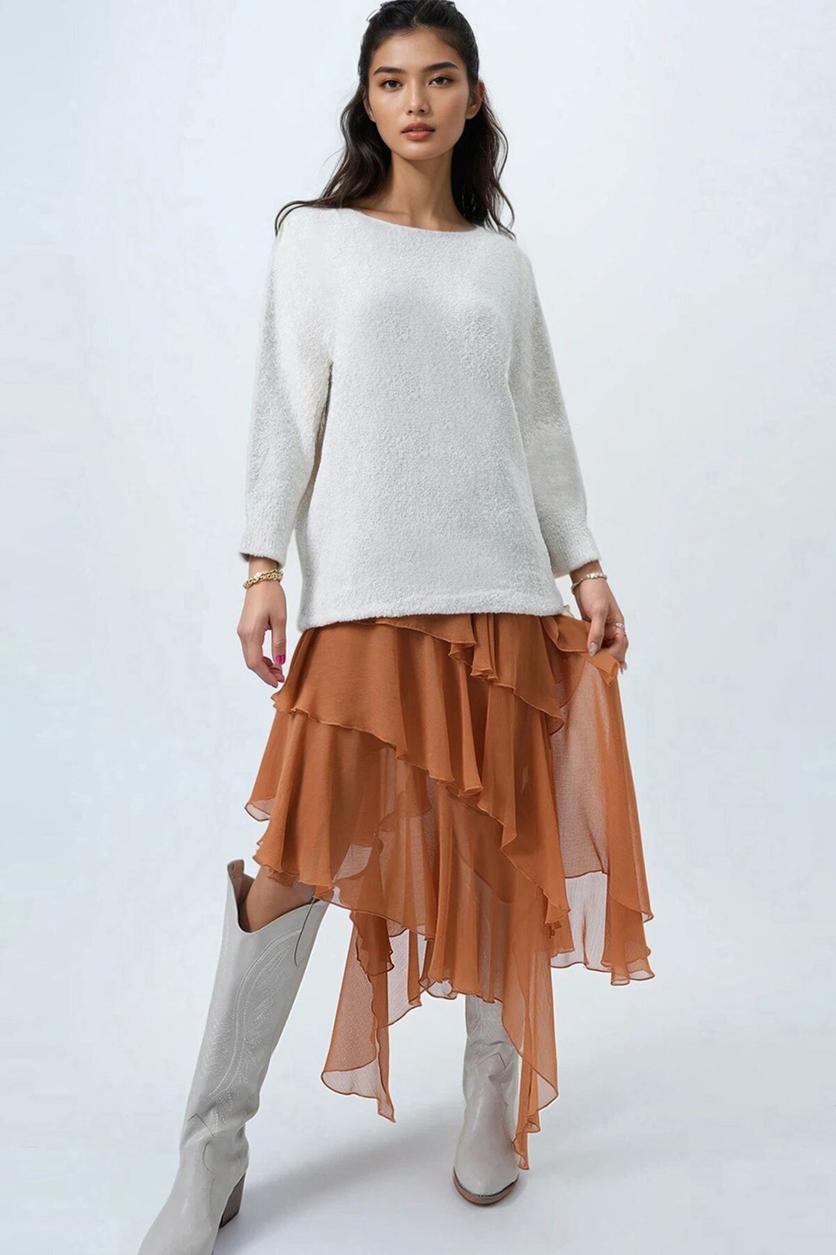 Kayık Yaka Yarasa Kol Buklet Triko Kazak