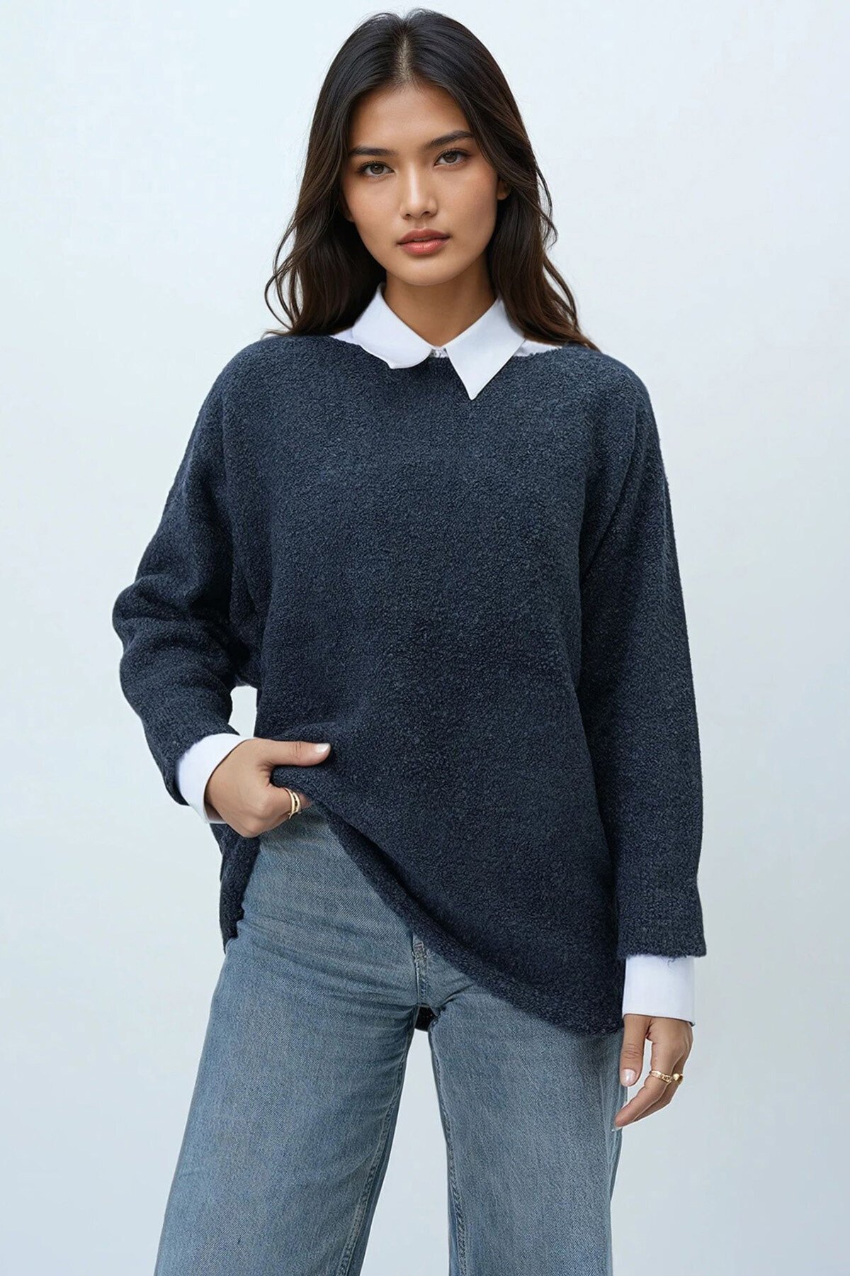 Kayık Yaka Yarasa Kol Buklet Triko Kazak