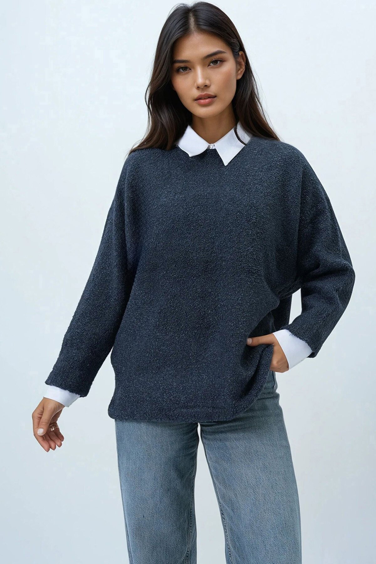 Kayık Yaka Yarasa Kol Buklet Triko Kazak