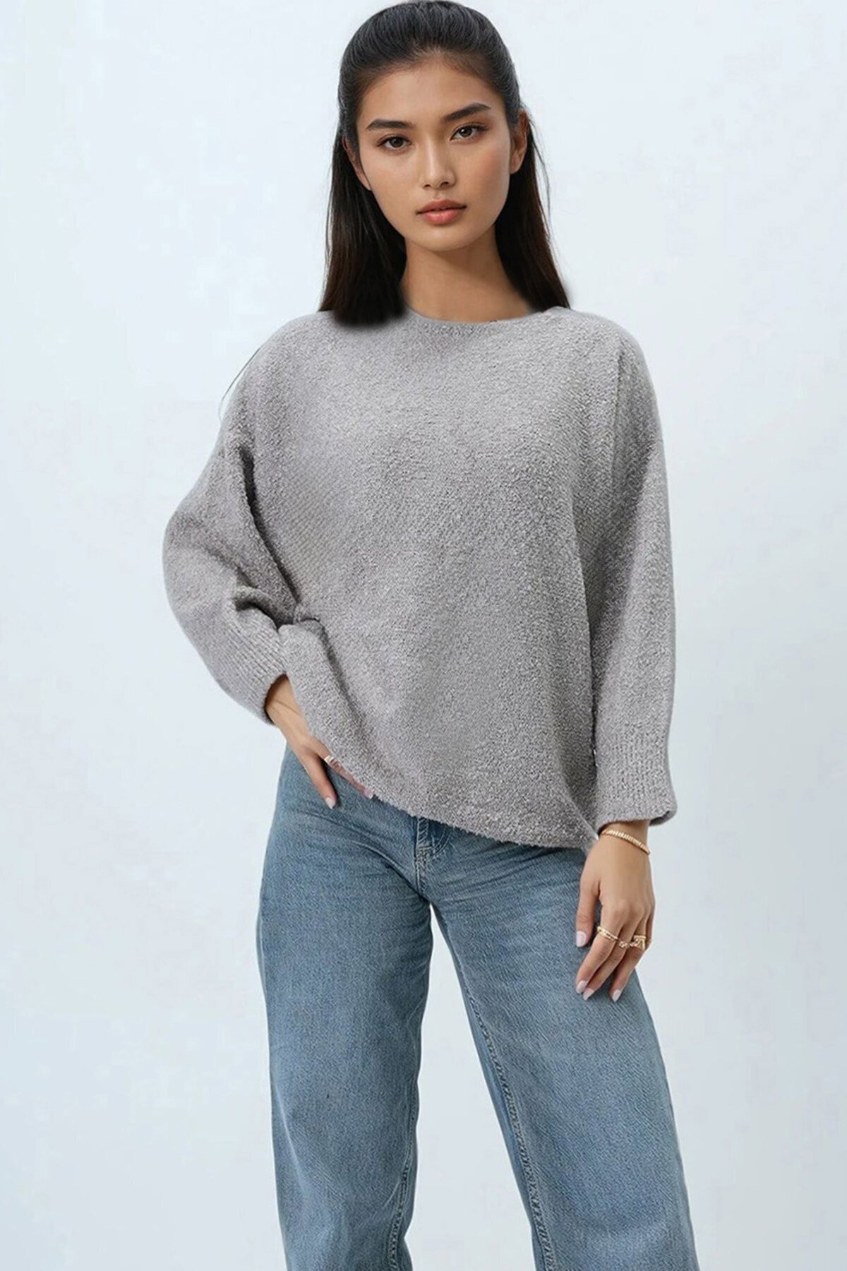 Kayık Yaka Yarasa Kol Buklet Triko Kazak