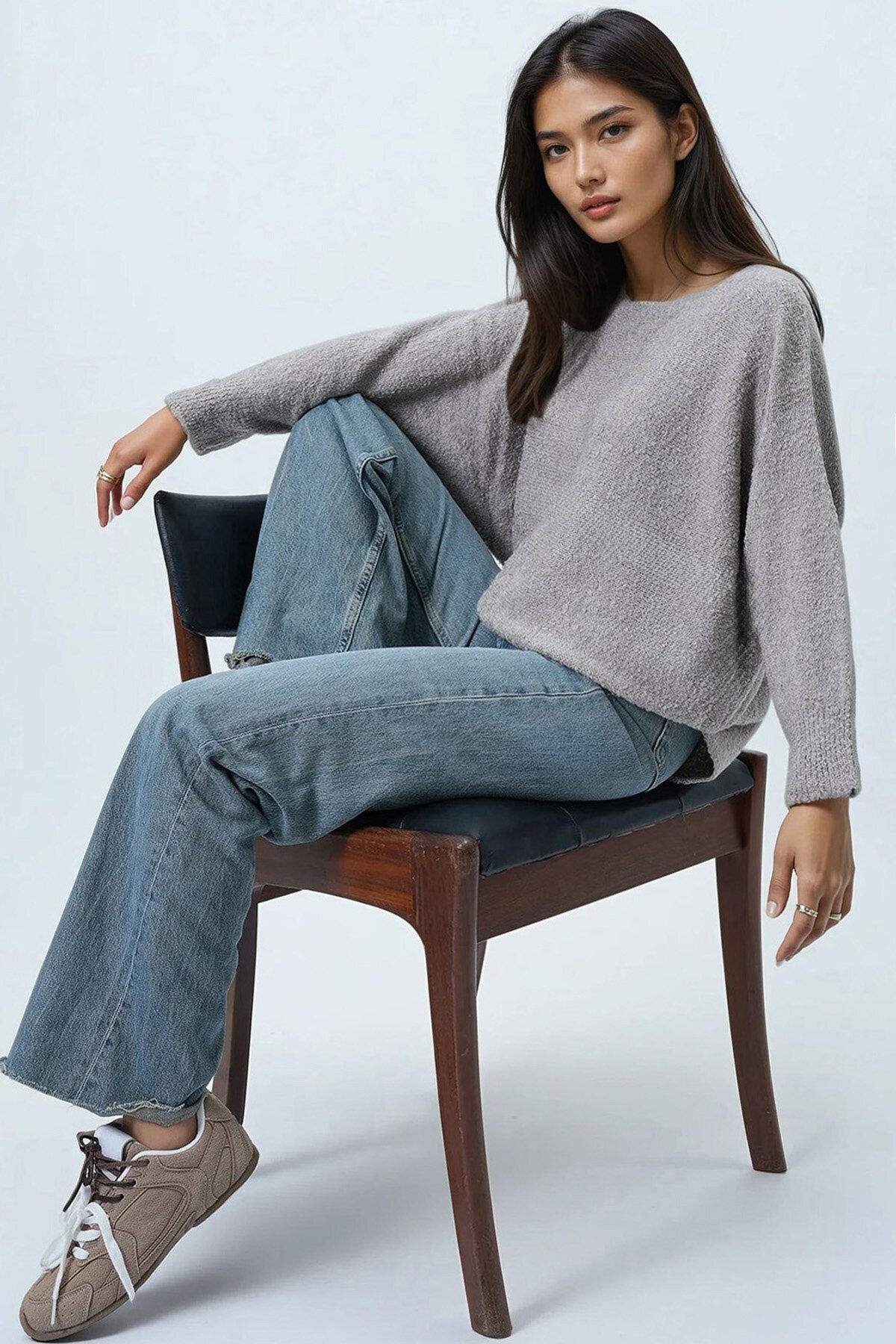 Kayık Yaka Yarasa Kol Buklet Triko Kazak