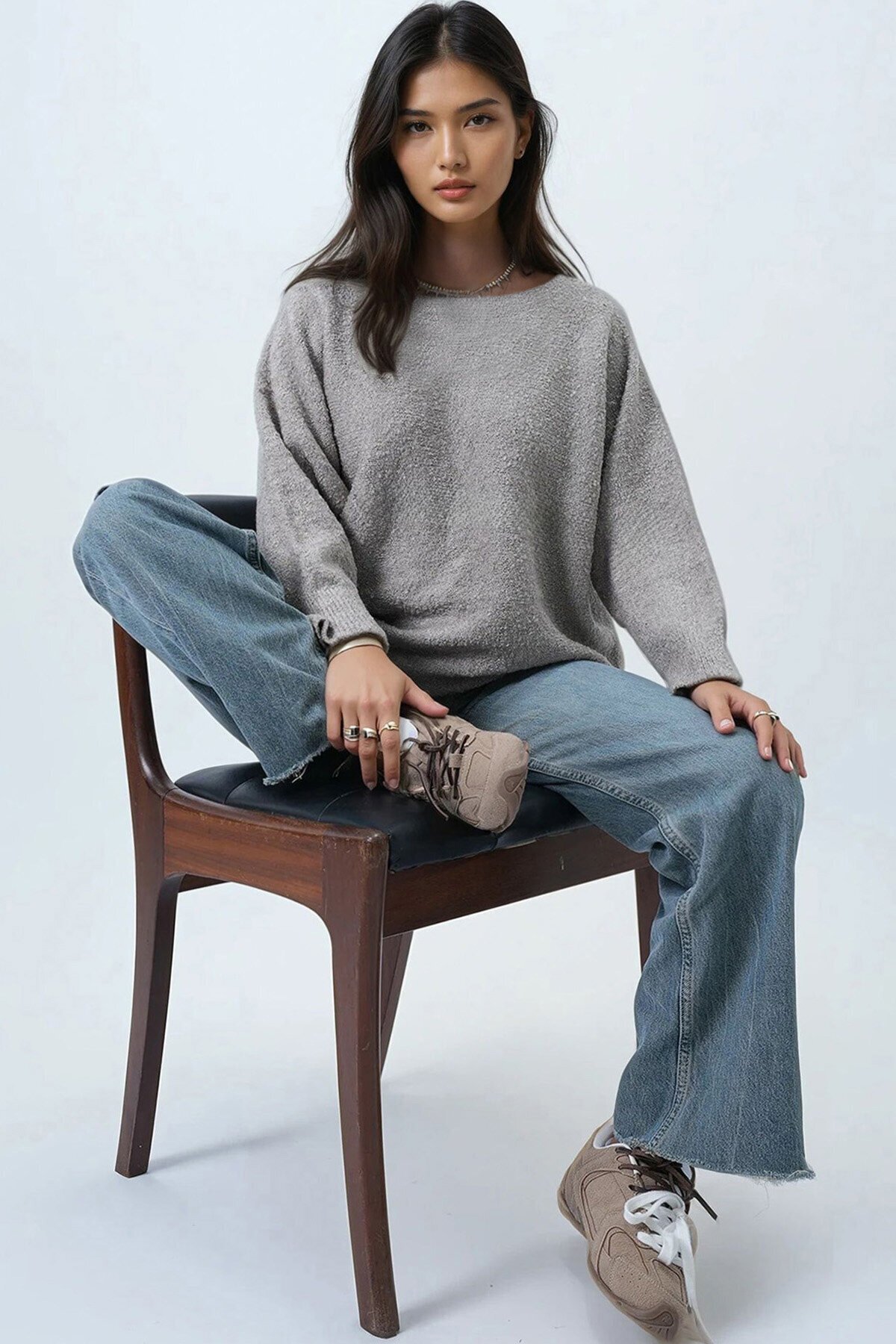 Kayık Yaka Yarasa Kol Buklet Triko Kazak