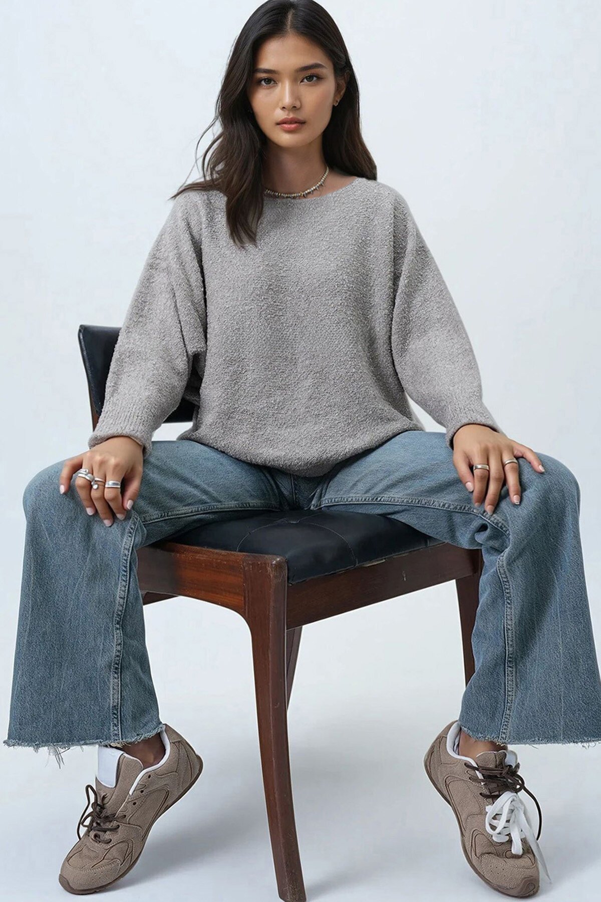 Kayık Yaka Yarasa Kol Buklet Triko Kazak