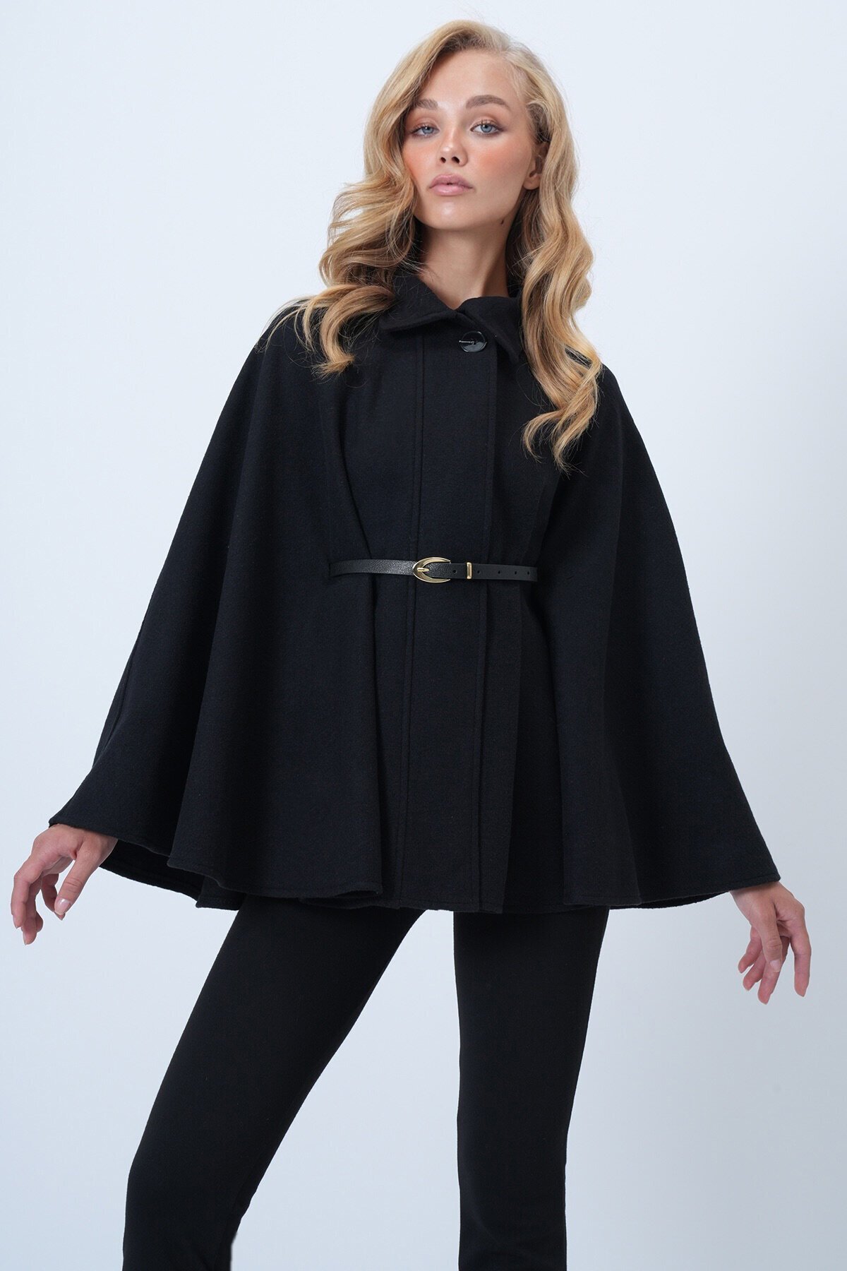 Kemer Detaylı Kaşe Pelerin Kaban