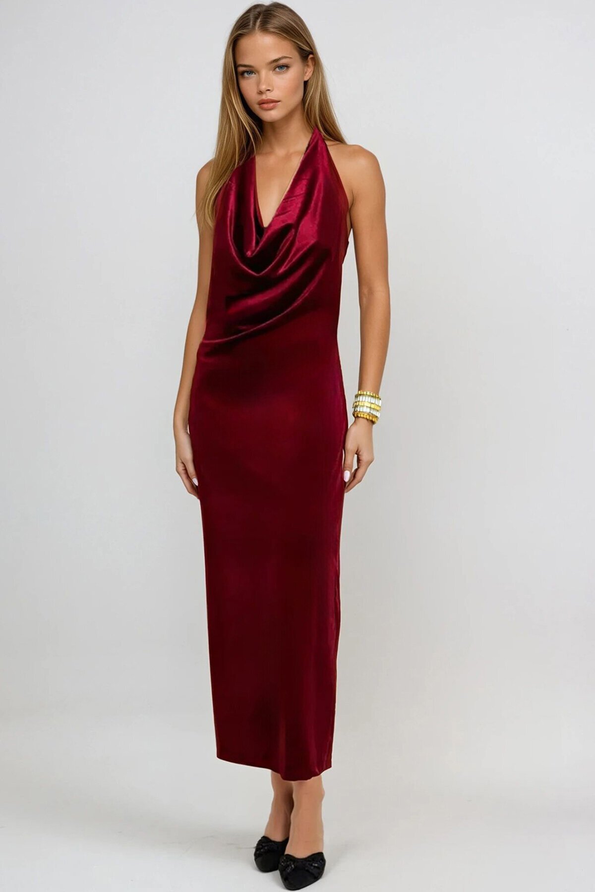 Kırmızı Sırtı Açık Derin Dekolteli Midi Elbise