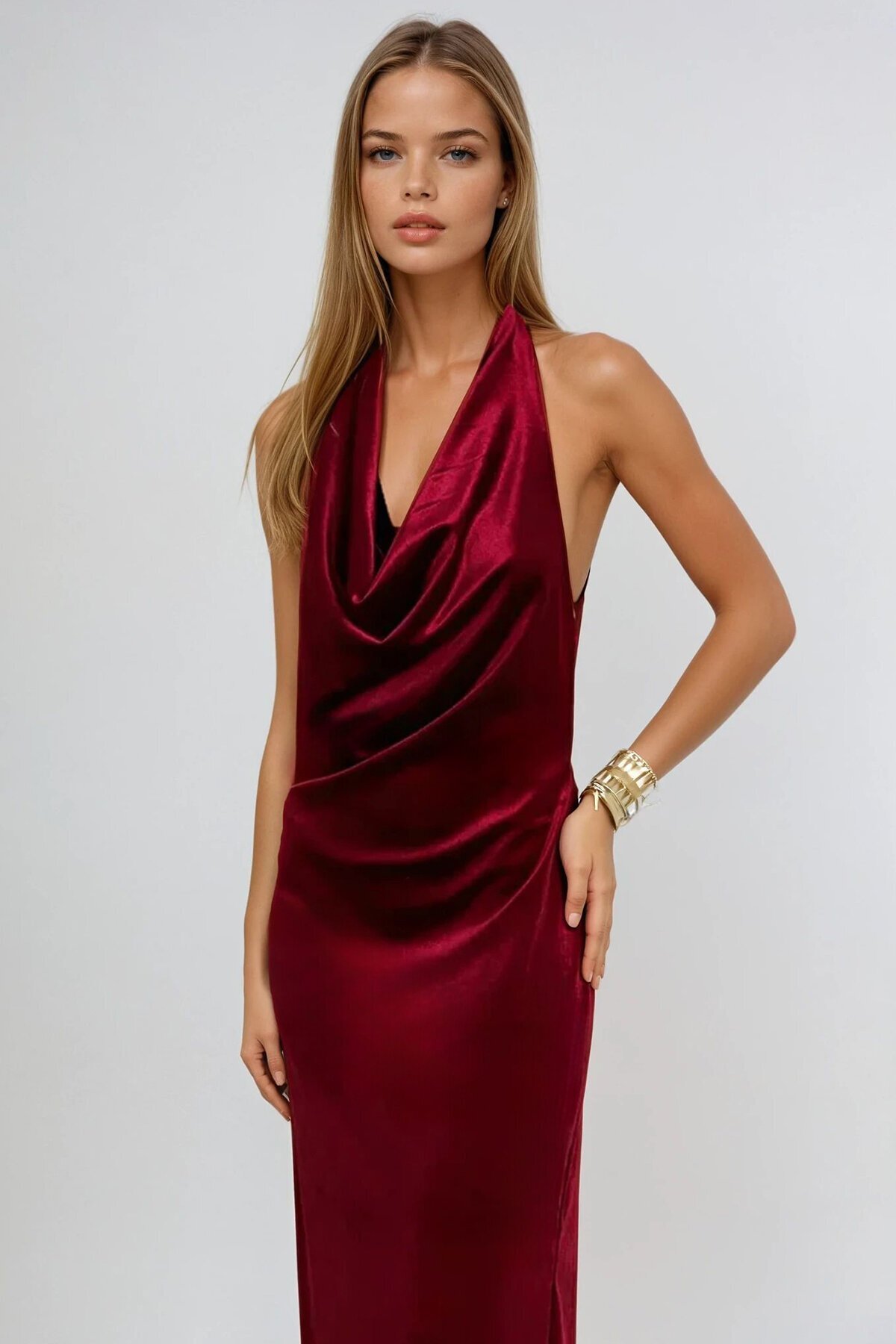 Kırmızı Sırtı Açık Derin Dekolteli Midi Elbise