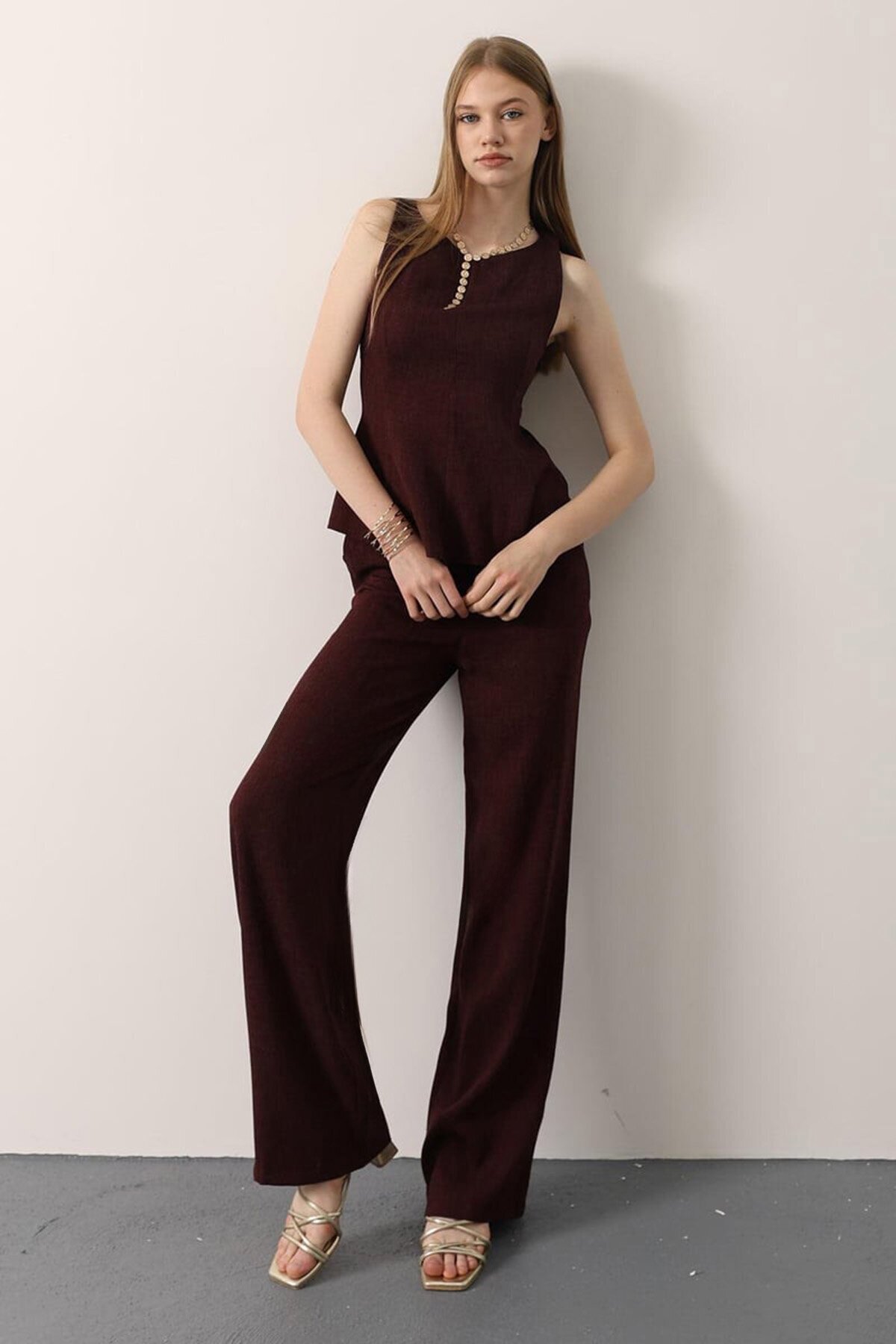 Sıfır Kol Yandan Fermuarlı Bluz Ve Palazzo Pantolon