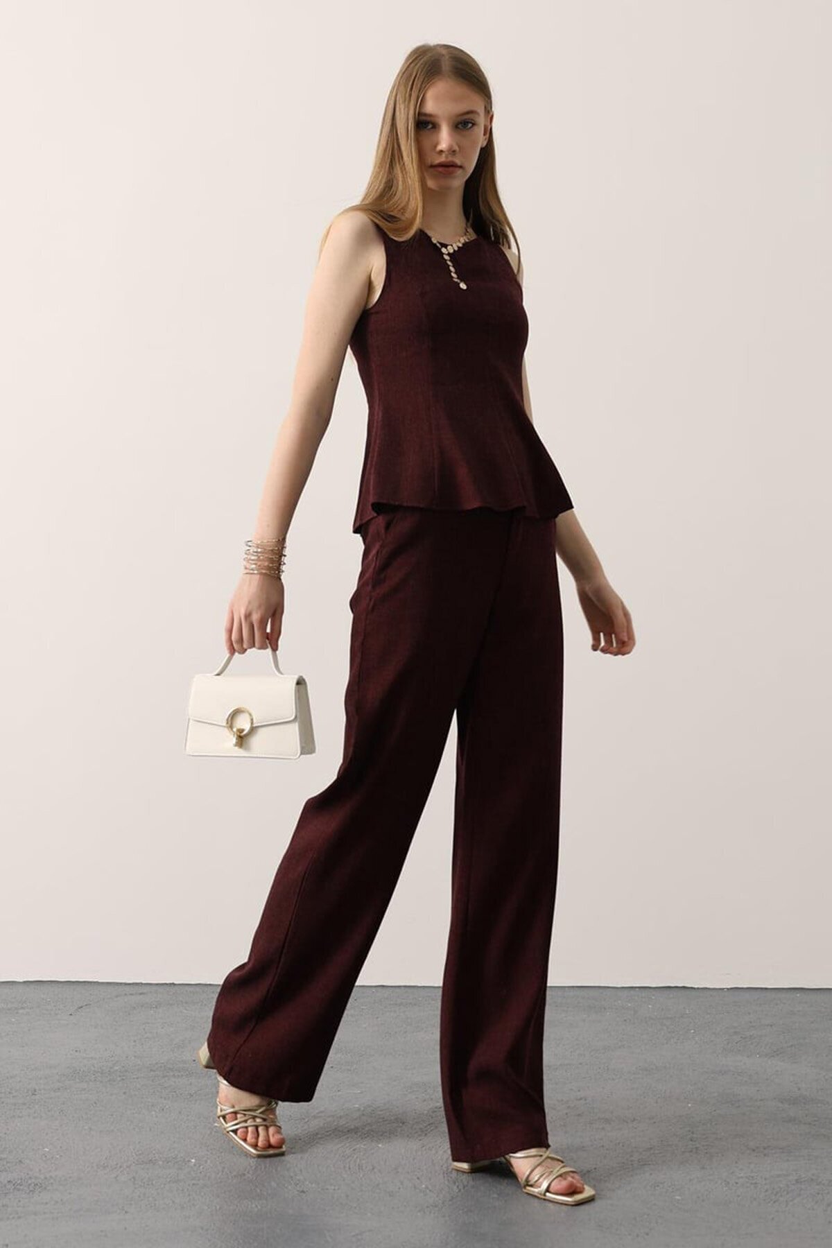 Sıfır Kol Yandan Fermuarlı Bluz Ve Palazzo Pantolon