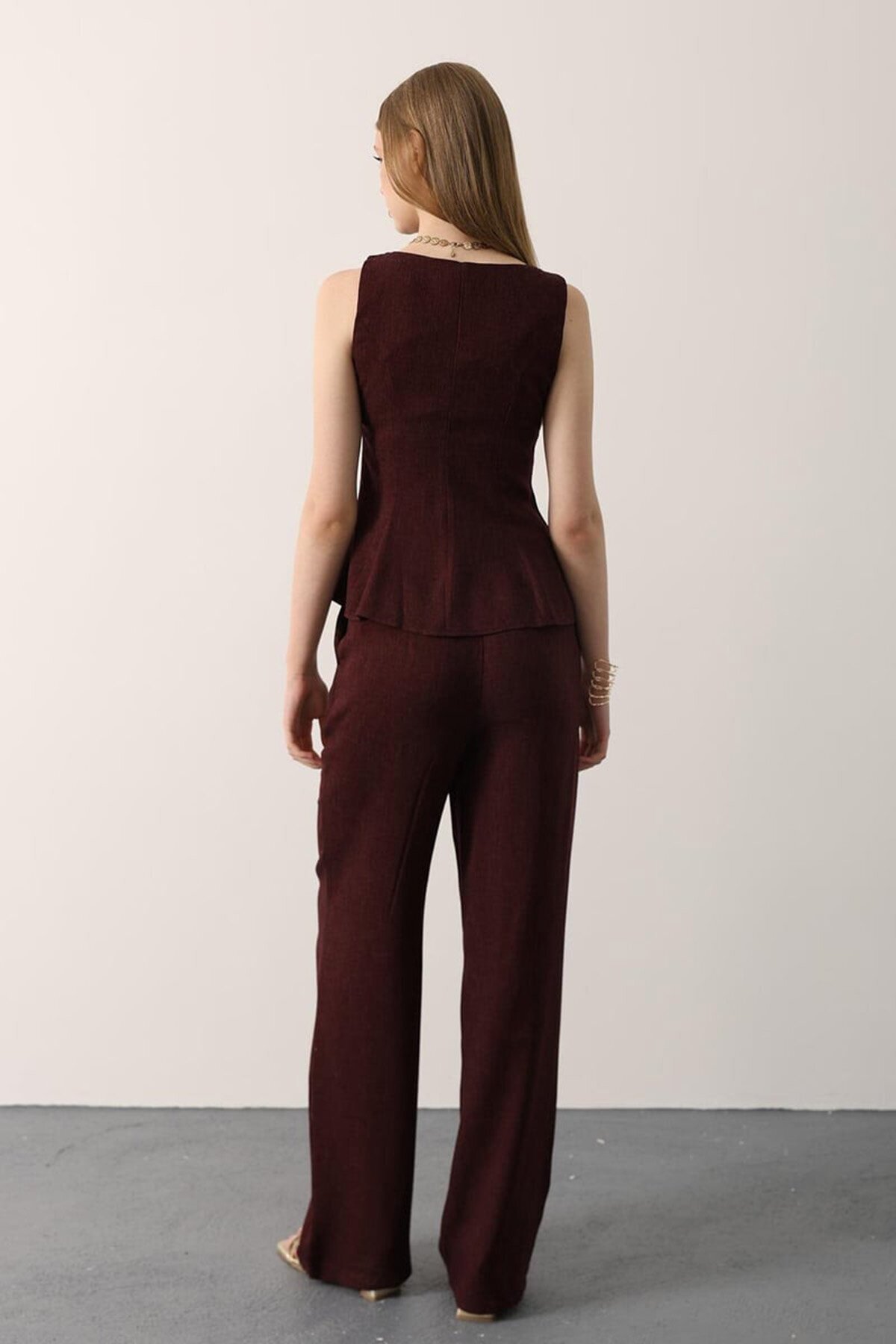 Sıfır Kol Yandan Fermuarlı Bluz Ve Palazzo Pantolon