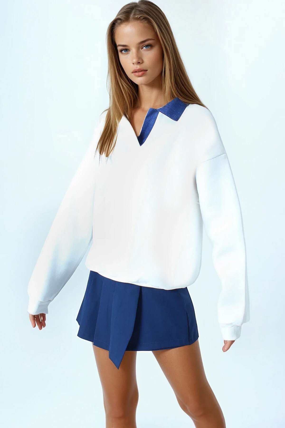 Kontrast Denim Yaka Uzun Kollu Sweatshirt