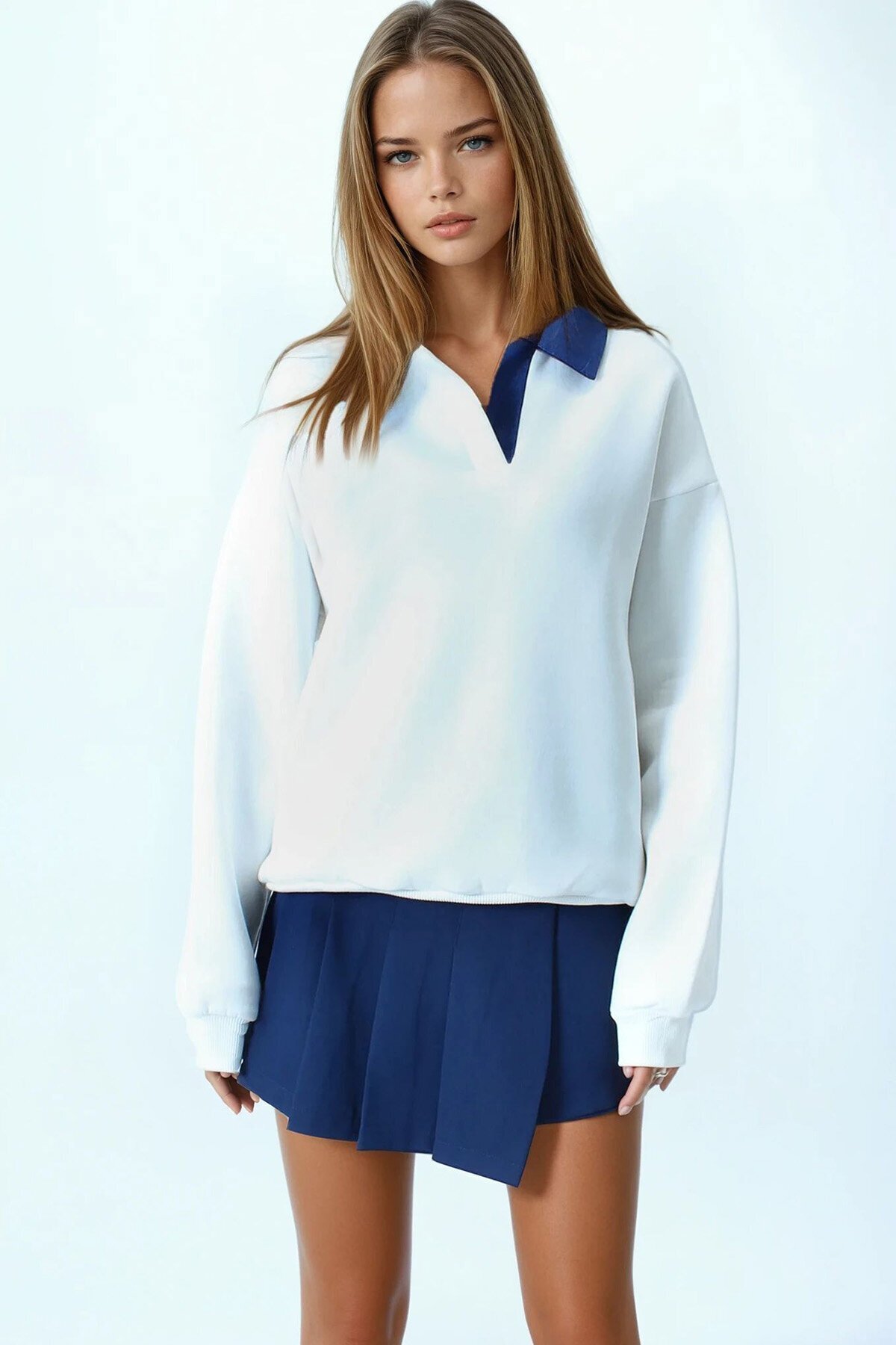 Kontrast Denim Yaka Uzun Kollu Sweatshirt