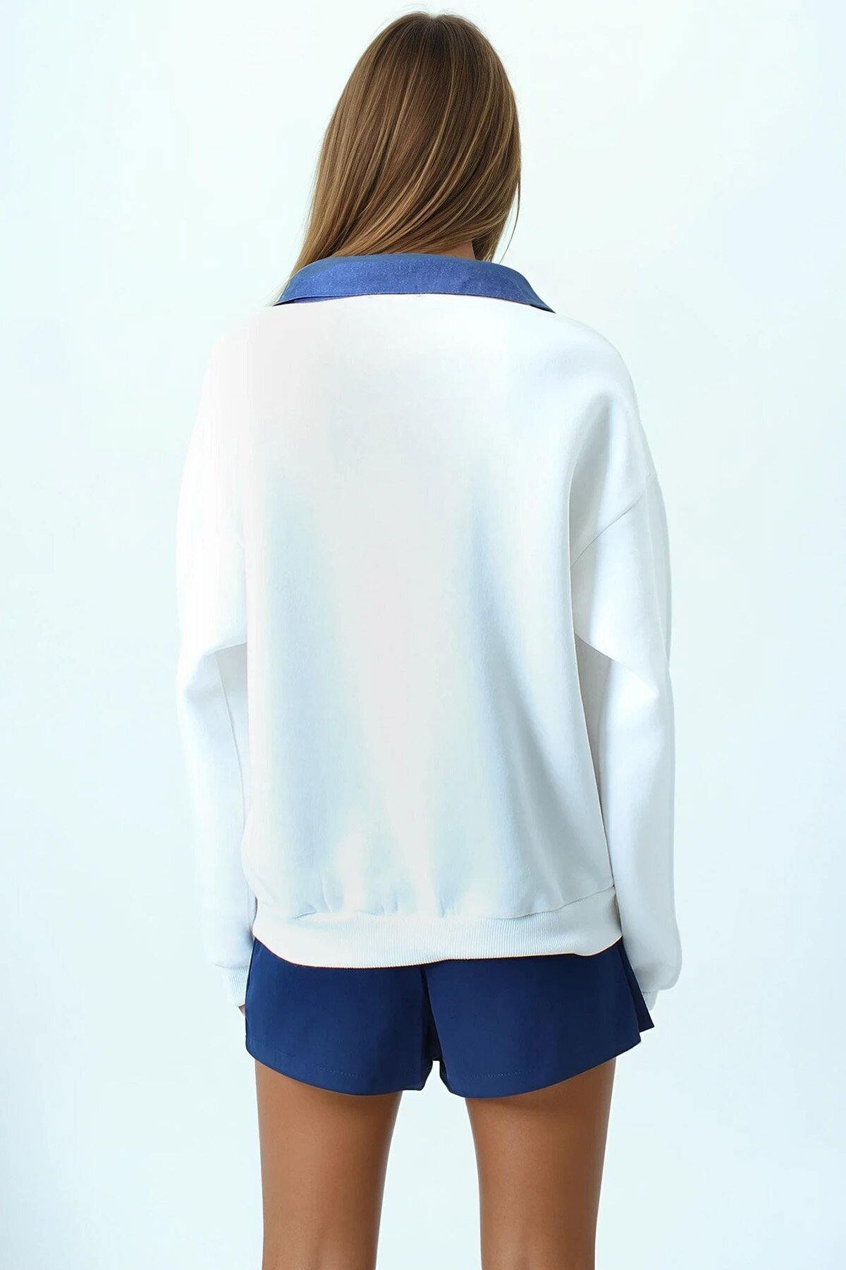 Kontrast Denim Yaka Uzun Kollu Sweatshirt