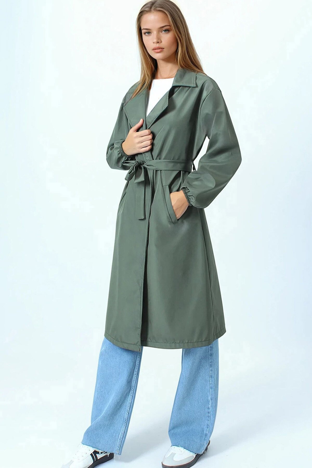 Kruvaze Yaka Bağlamalı Kolları Lastikli Trençkot