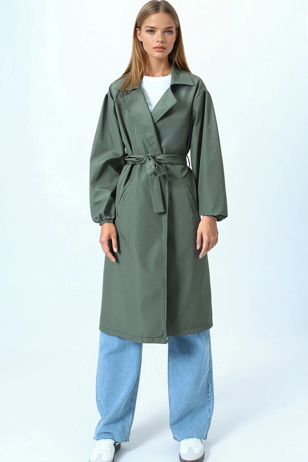 Kruvaze Yaka Bağlamalı Kolları Lastikli Trençkot