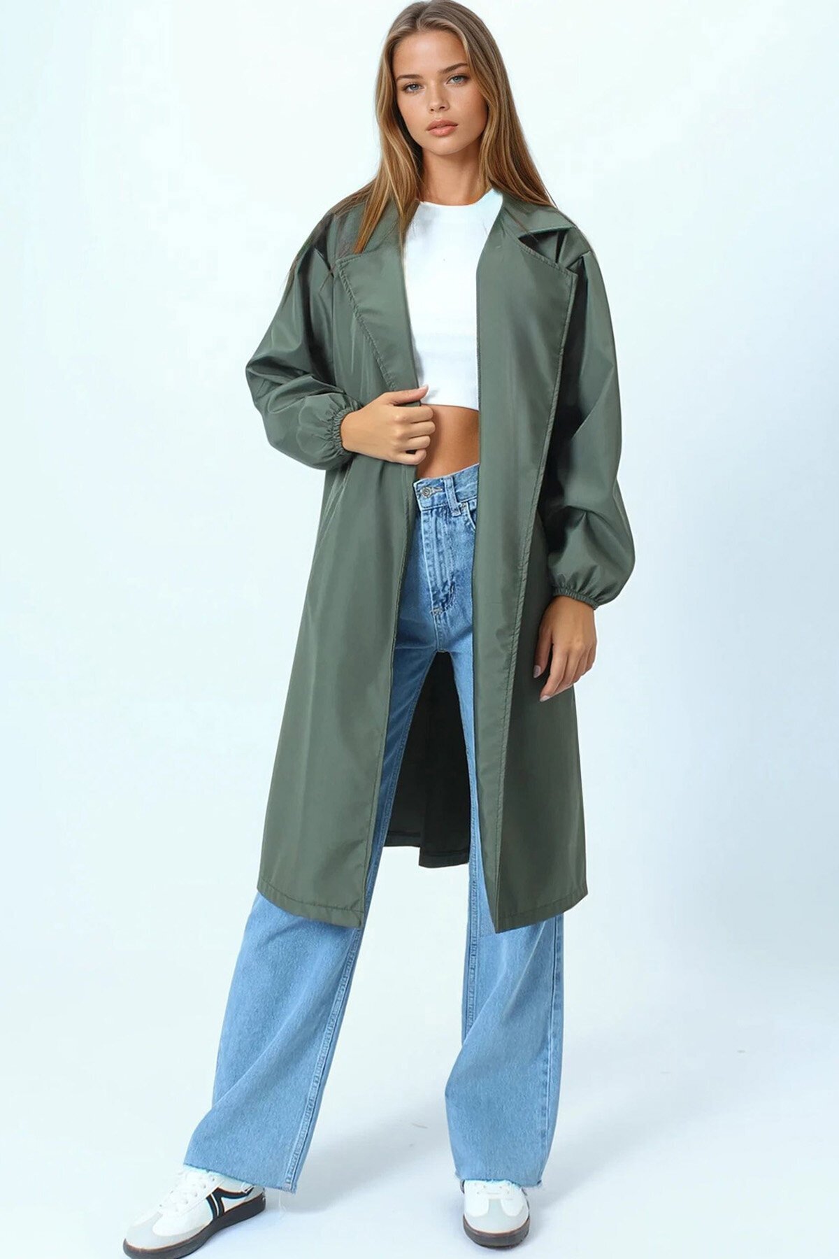 Kruvaze Yaka Bağlamalı Kolları Lastikli Trençkot