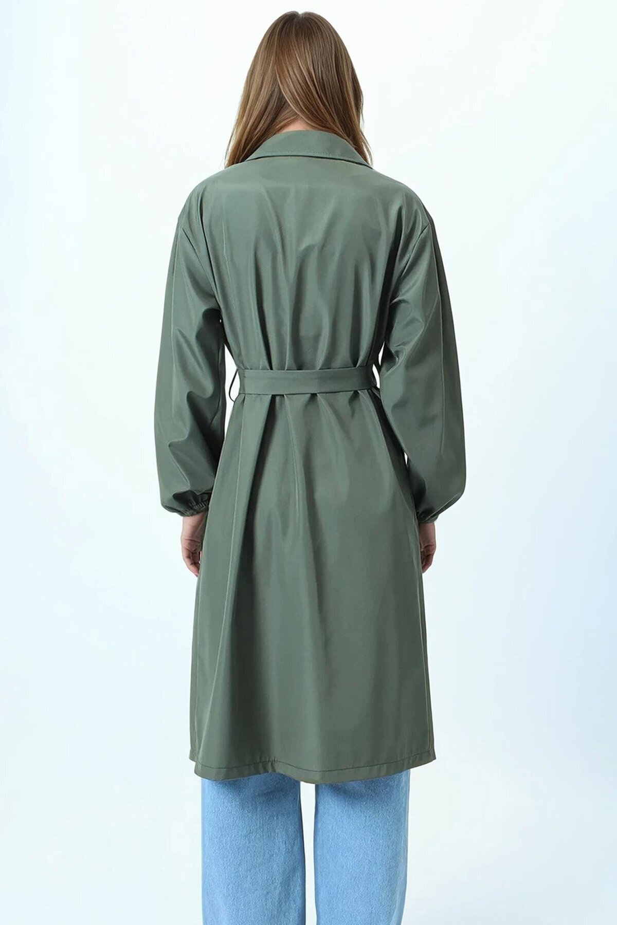 Kruvaze Yaka Bağlamalı Kolları Lastikli Trençkot